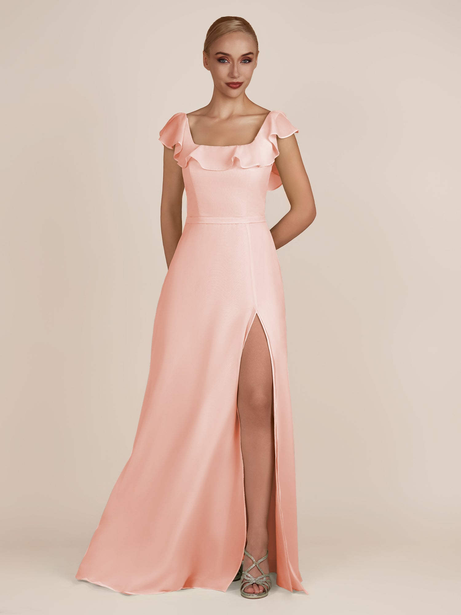 KissDress-Evania Rose Petal Sheath Chiffon Square Neck Ruffles Long Bridesmaid Dress with Slit