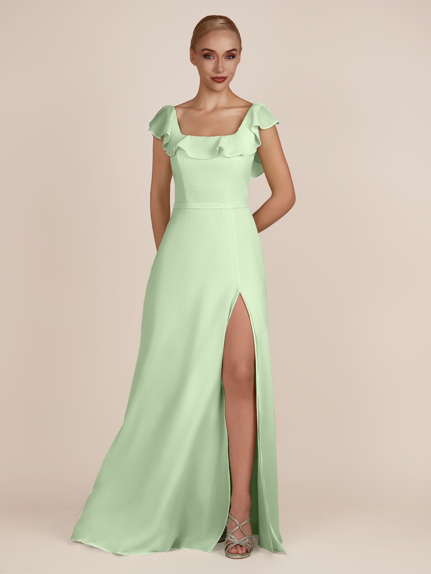 KissDress-Evania Sage Sheath Chiffon Square Neck Ruffles Long Bridesmaid Dress with Slit
