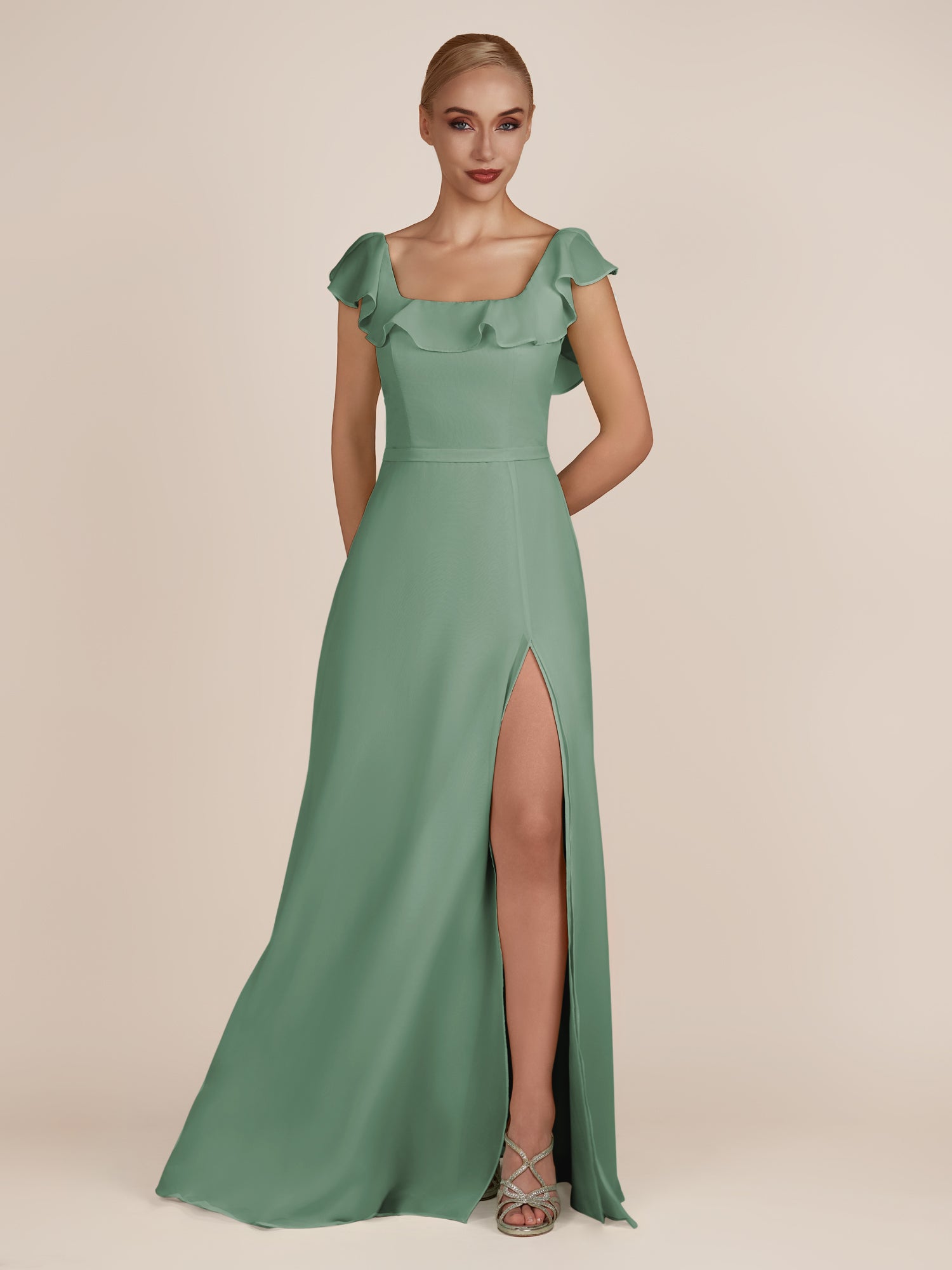 KissDress-Evania Sea Glass Sheath Chiffon Square Neck Ruffles Long Bridesmaid Dress with Slit