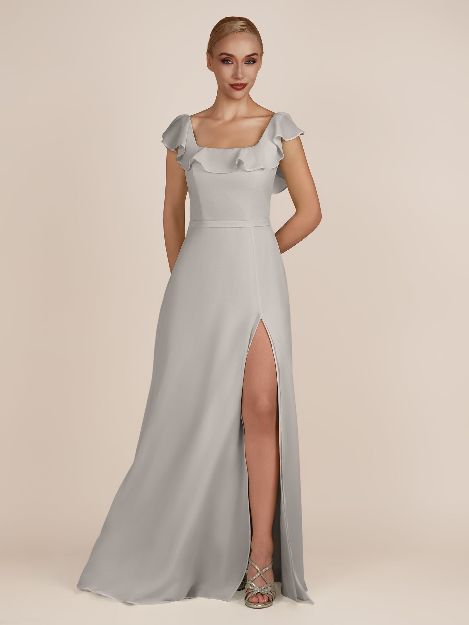 KissDress-Evania Silver Sheath Chiffon Square Neck Ruffles Long Bridesmaid Dress with Slit
