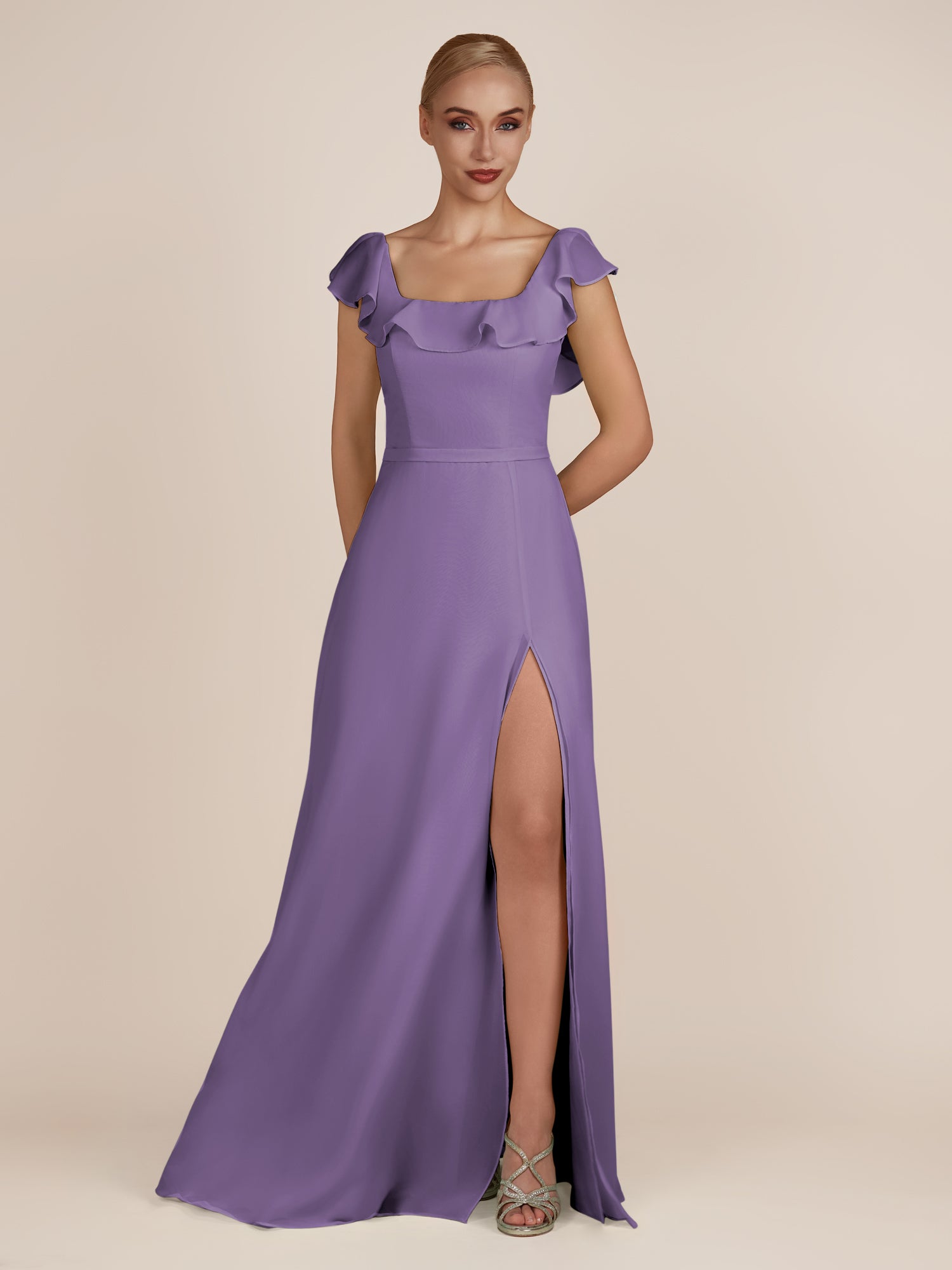 KissDress-Evania Tahiti Sheath Chiffon Square Neck Ruffles Long Bridesmaid Dress with Slit
