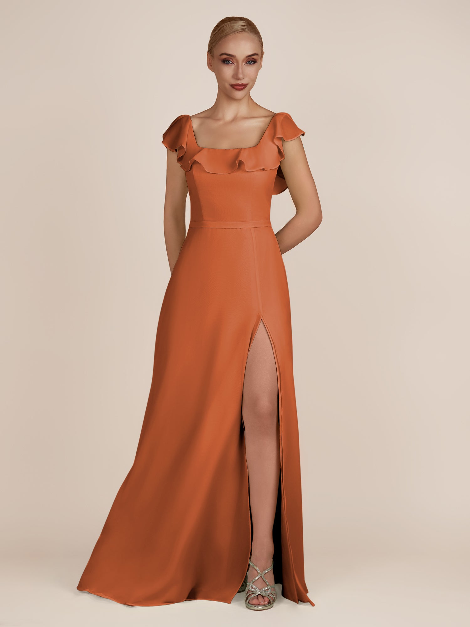 KissDress-Evania Terracotta Sheath Chiffon Square Neck Ruffles Long Bridesmaid Dress with Slit