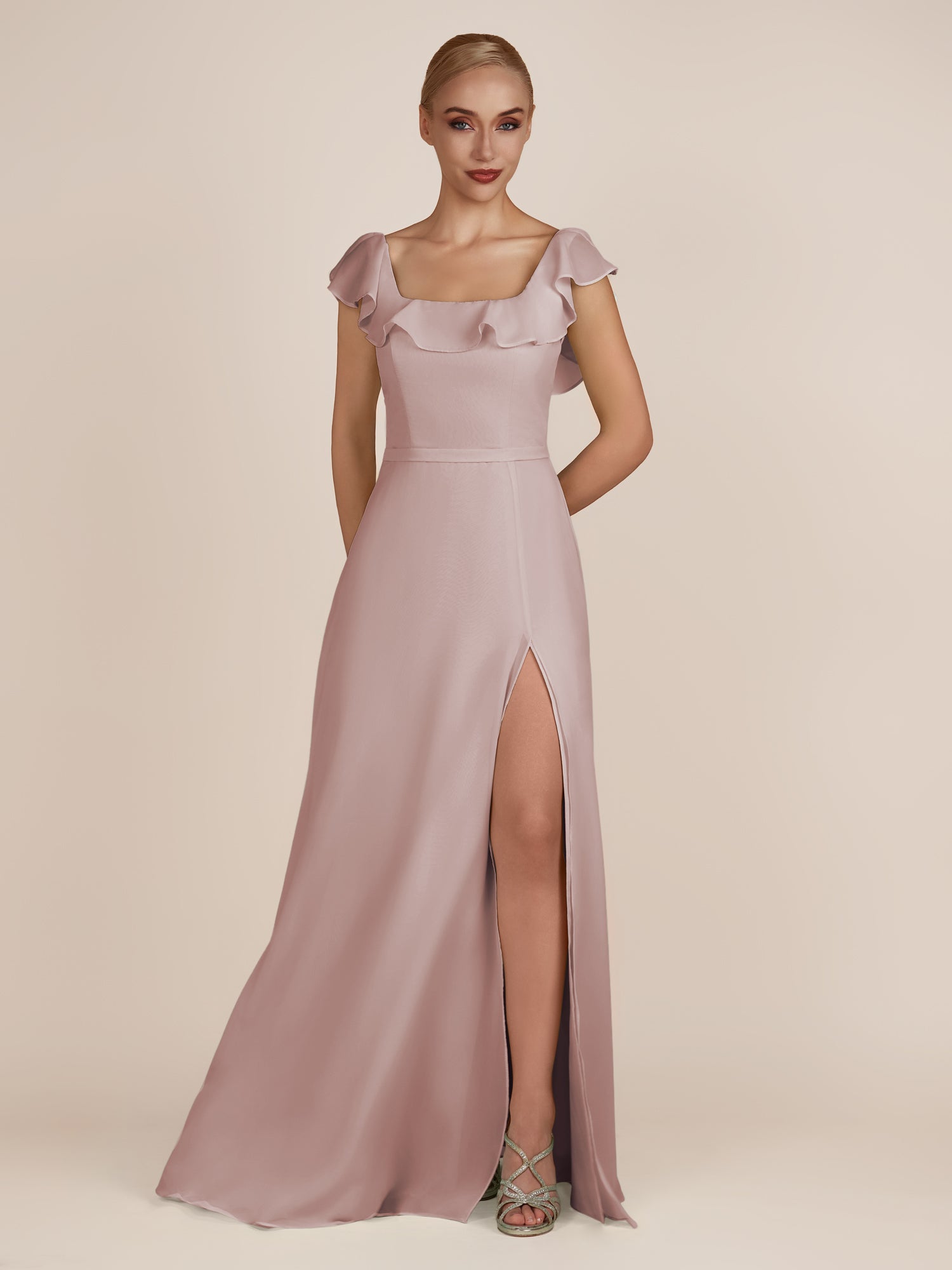 KissDress-Evania Toffee Sheath Chiffon Square Neck Ruffles Long Bridesmaid Dress with Slit