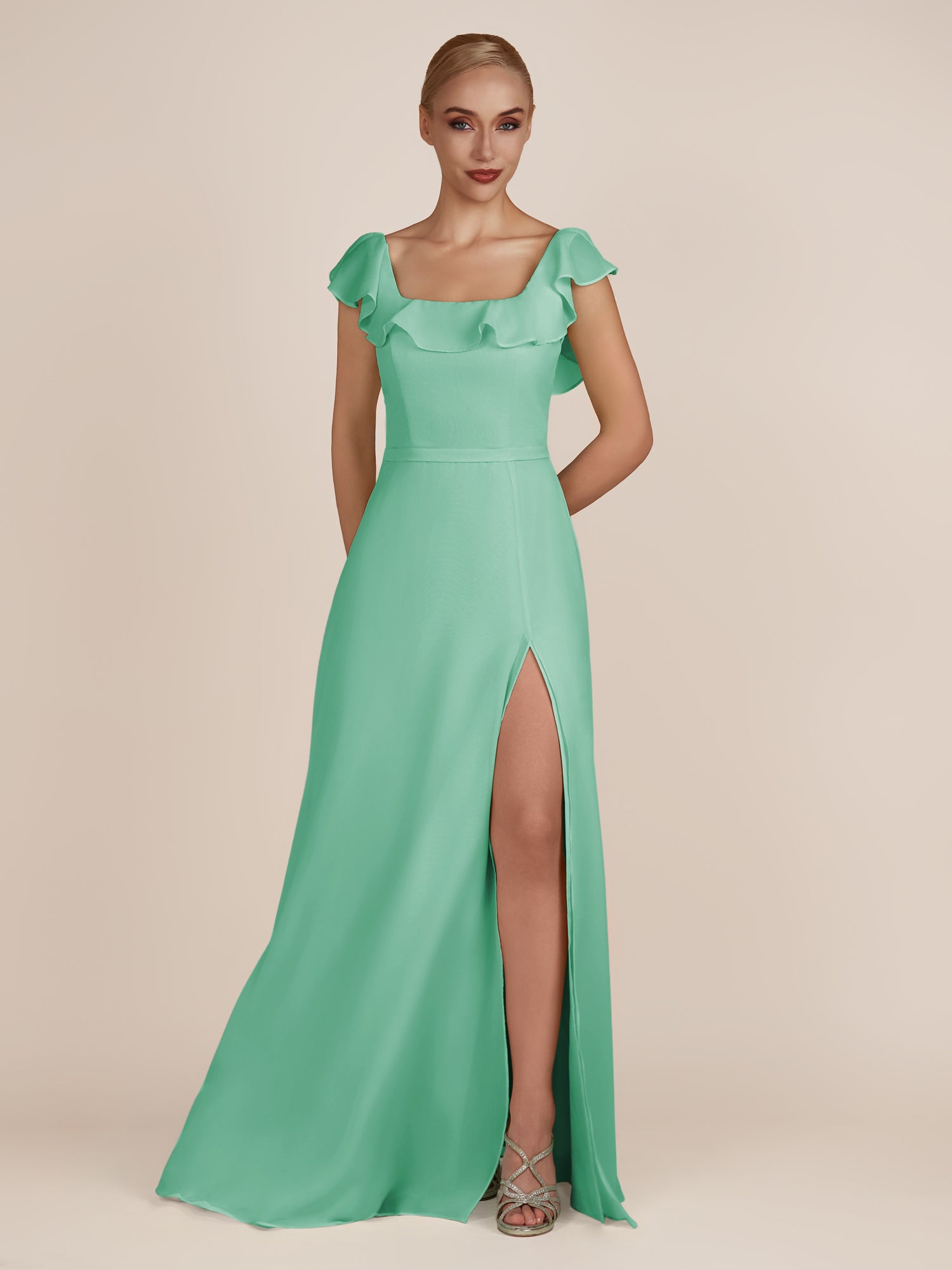 KissDress-Evania Turquoise Sheath Chiffon Square Neck Ruffles Long Bridesmaid Dress with Slit