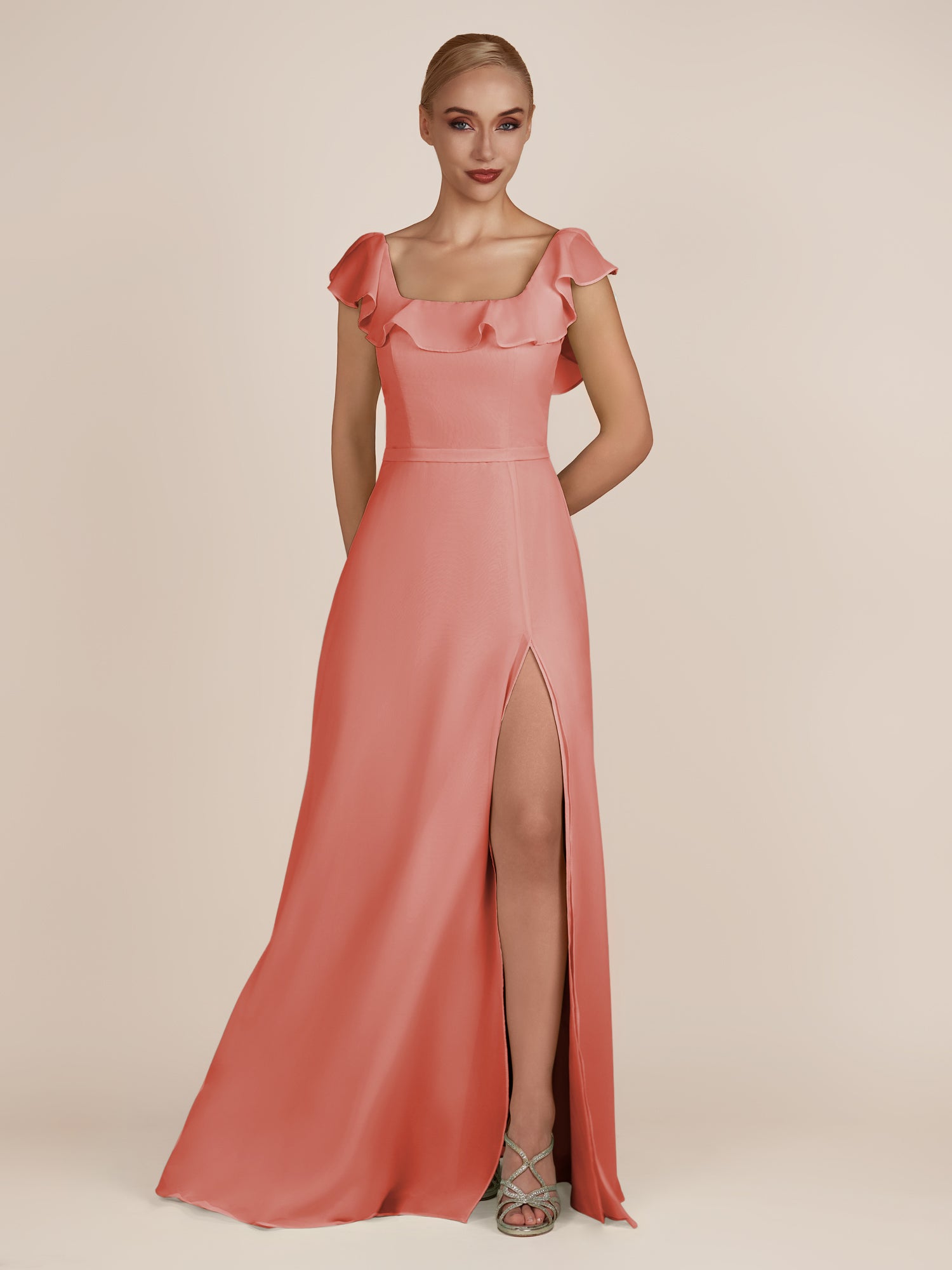 KissDress-Evania Wild Rose Sheath Chiffon Square Neck Ruffles Long Bridesmaid Dress with Slit