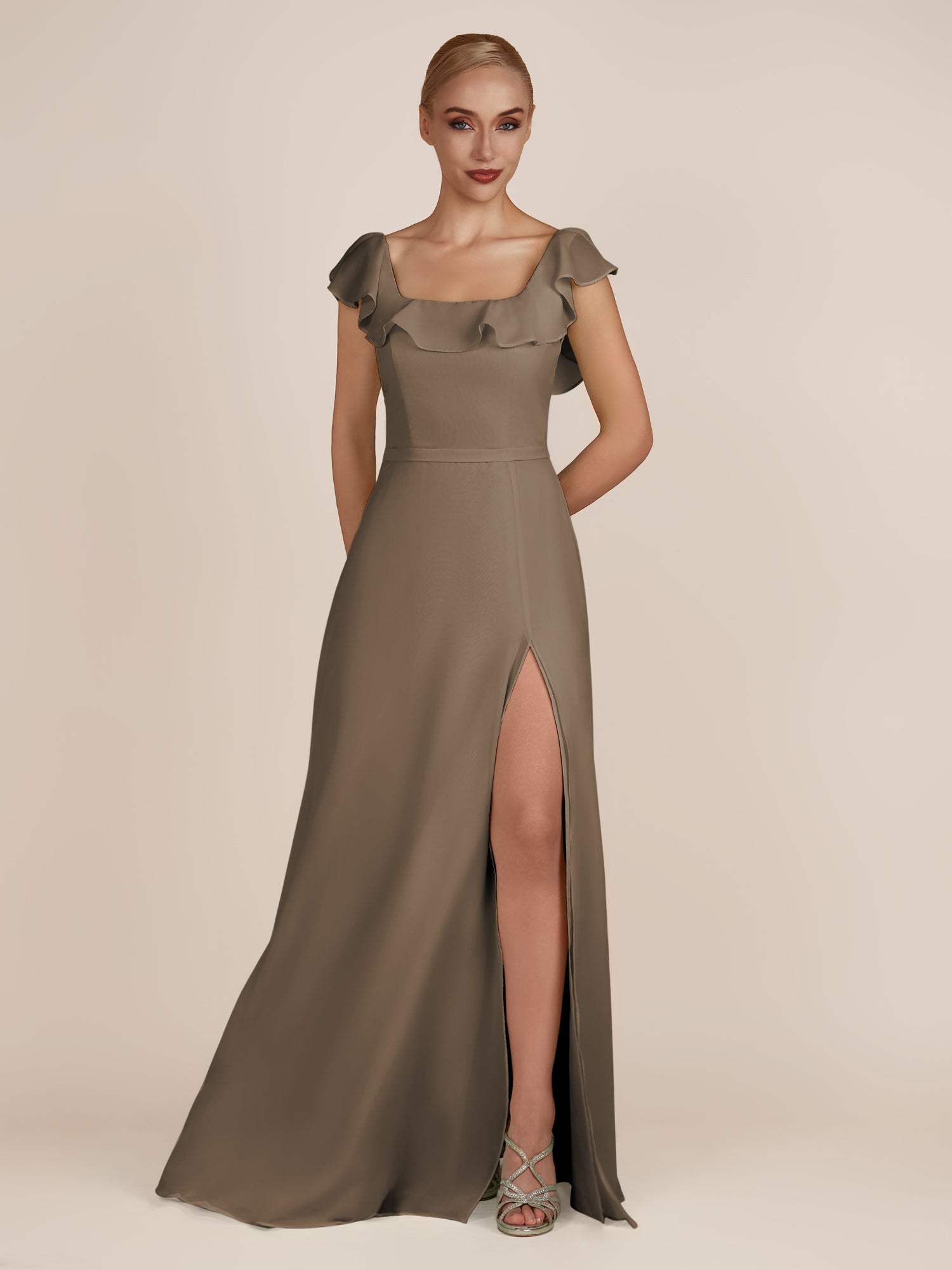 KissDress-Evania Willow Green Sheath Chiffon Square Neck Ruffles Long Bridesmaid Dress with Slit