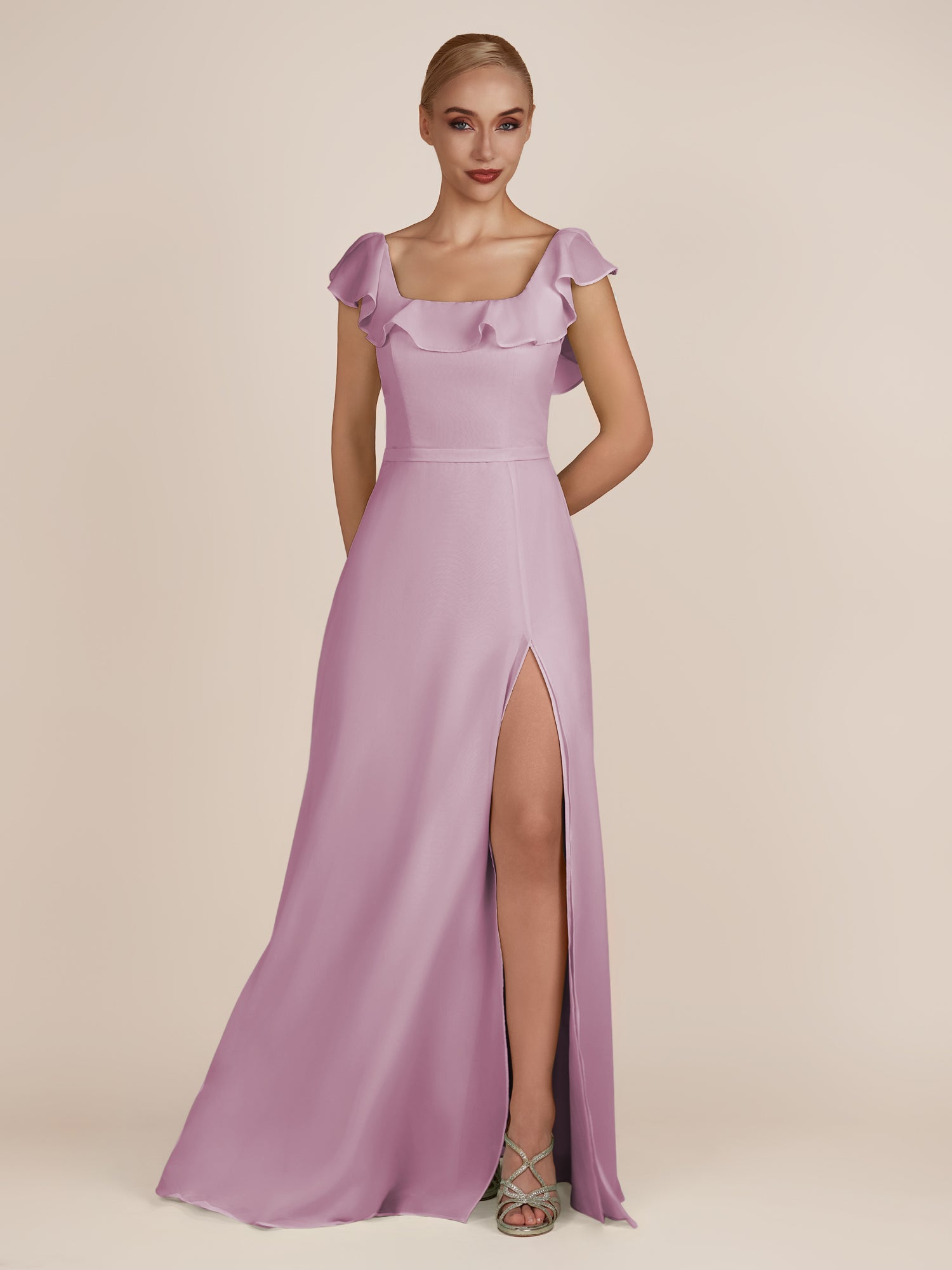 KissDress-Evania Wisteria Sheath Chiffon Square Neck Ruffles Long Bridesmaid Dress with Slit
