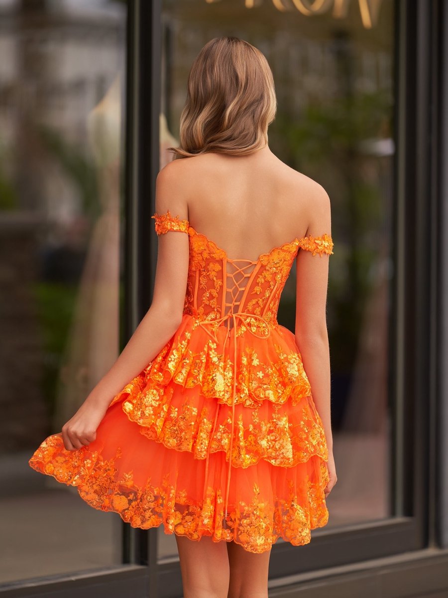Everly | A - Line Sweetheart Tiered Orange Short Homecoming Dress - KissProm