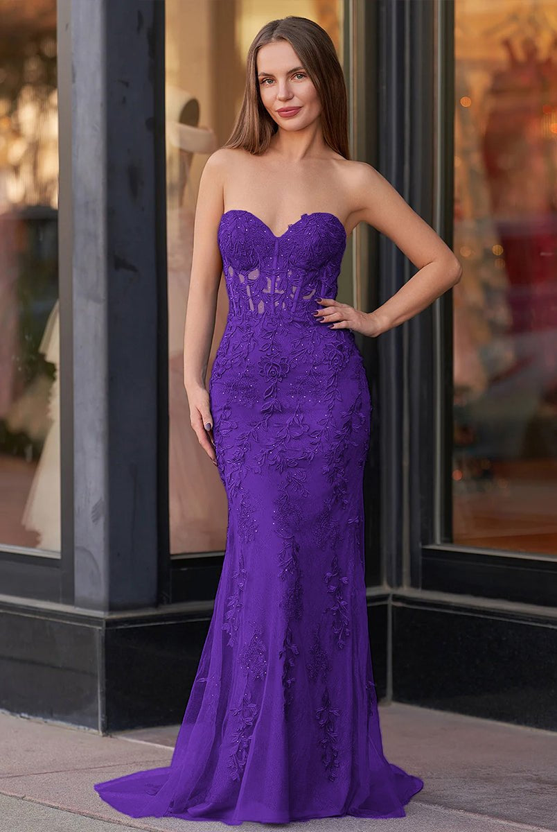 Evie |Mermaid Sweetheart Neck Lace Long Prom Dress With Appliques - KissProm