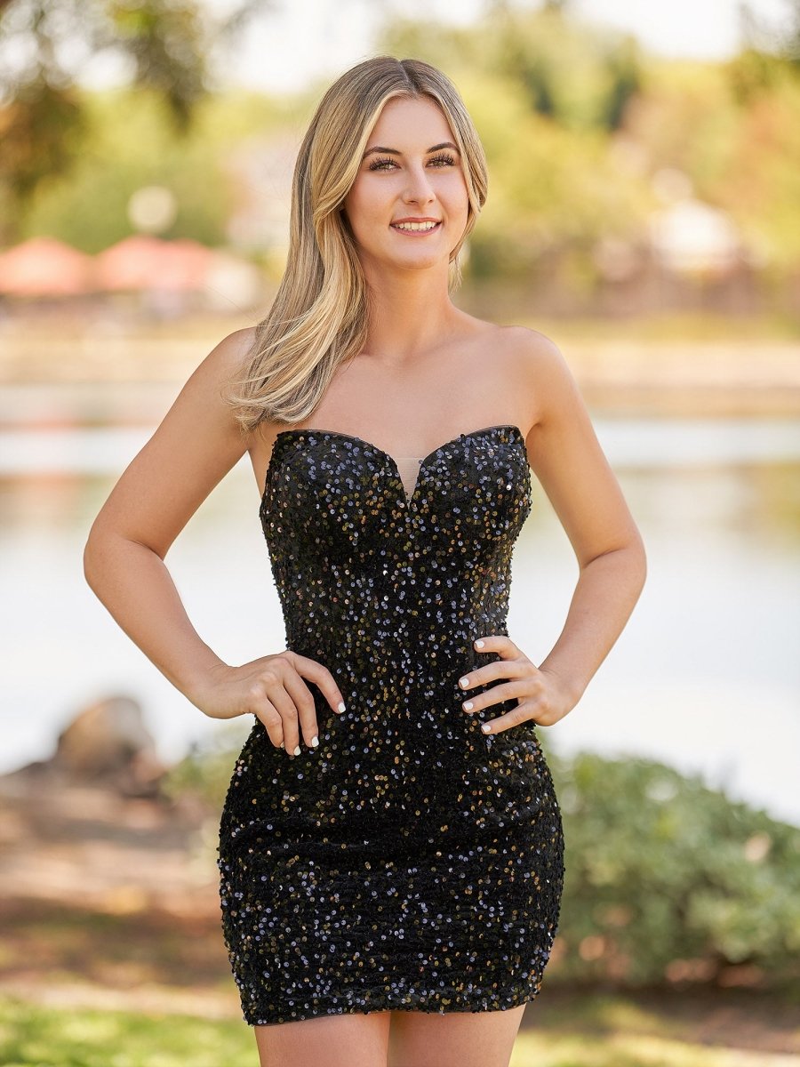 Evora | Bodycon Sweetheart Black Sequin Short Homecoming Dresses - KissProm