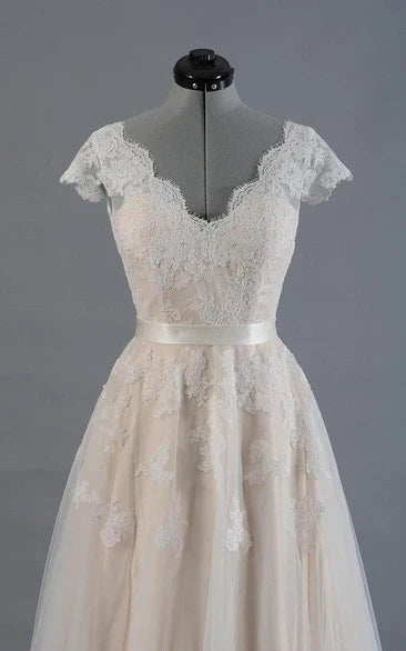 Cap Sleeve V-Neck Lace Wedding Dress With Tulle Skirt and V-Back