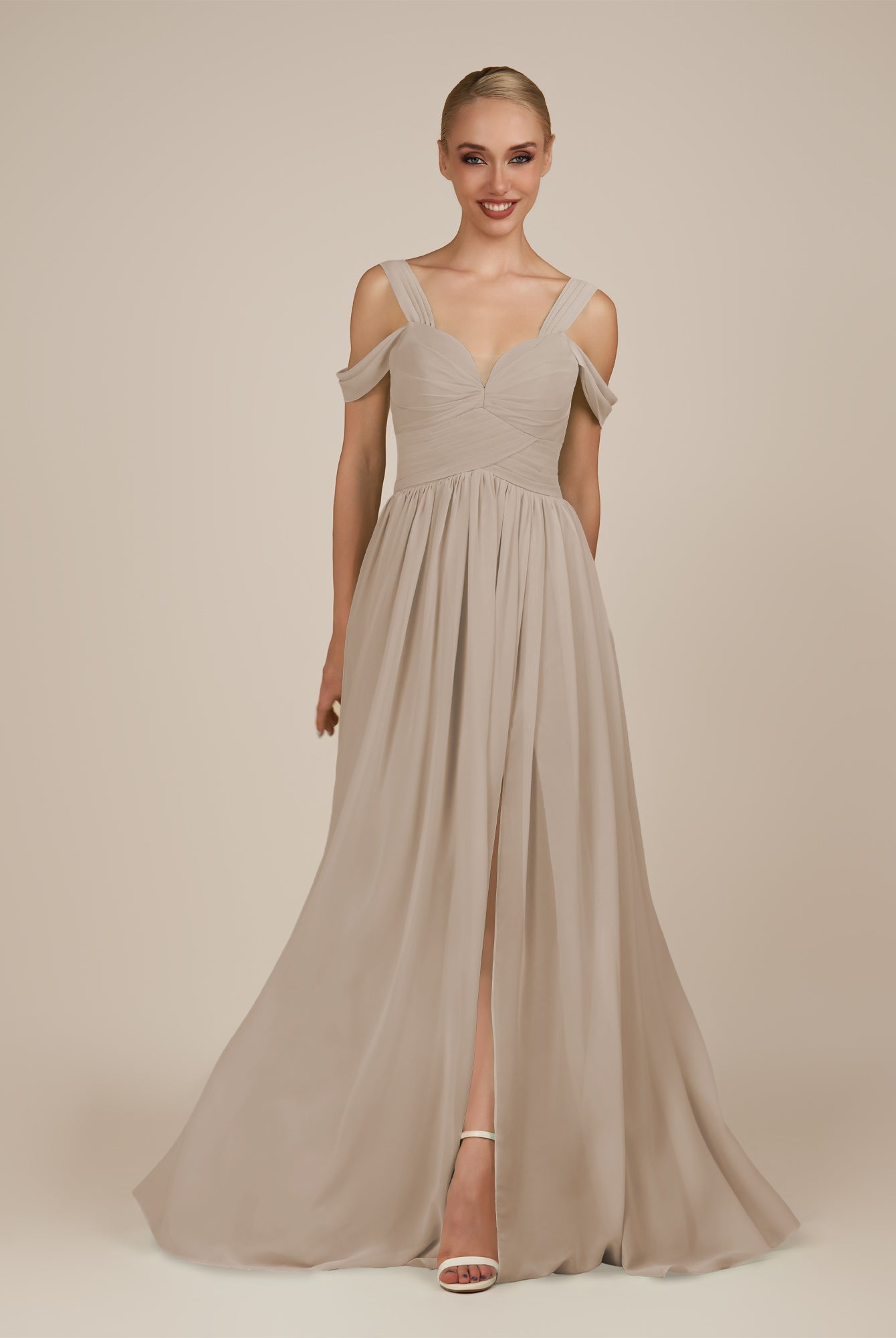 KissDress-Faye Almond A Line Chiffon Off the Shoulder Pleated Long Bridesmaid Dress with Slit