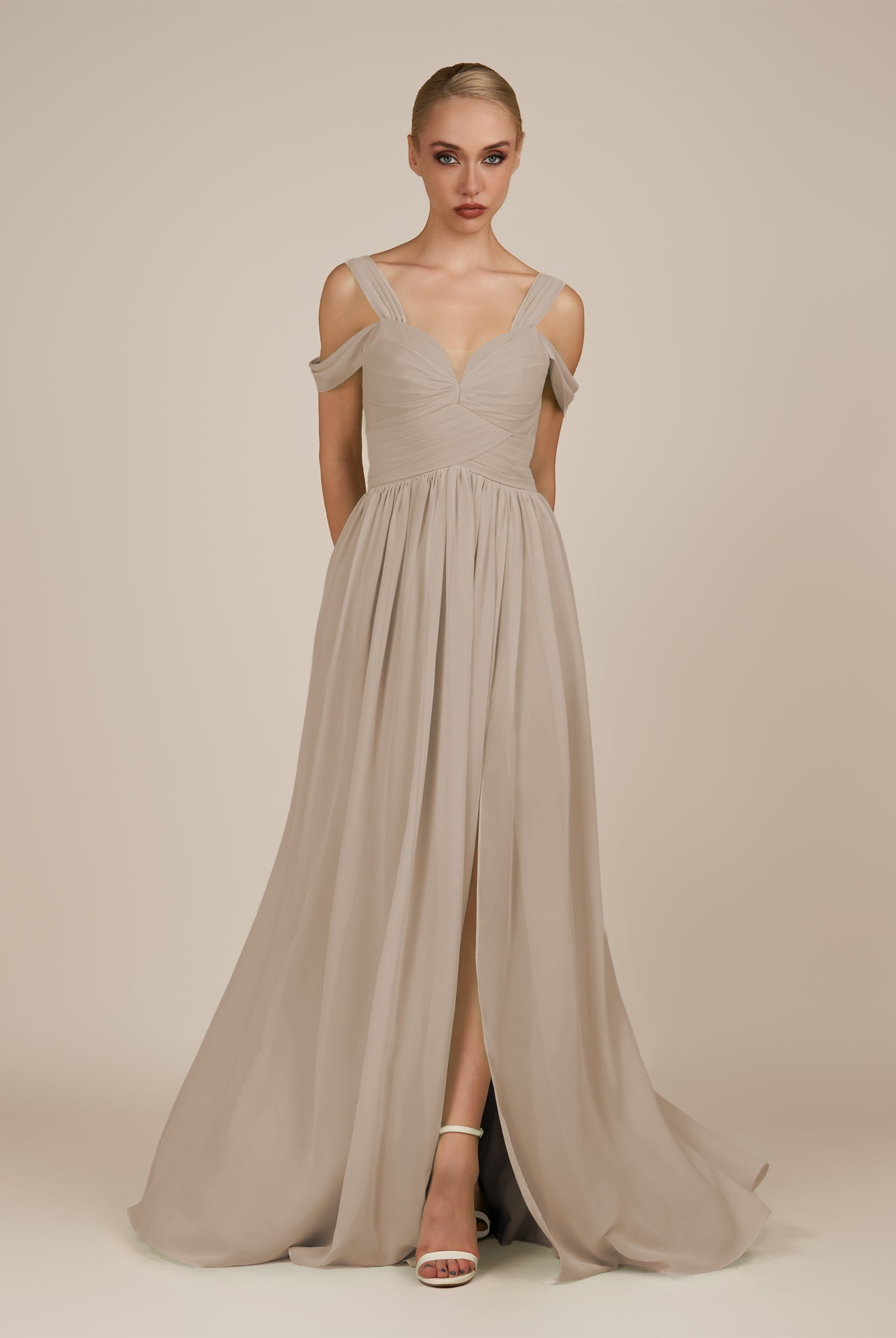 KissDress-Faye Almond A Line Chiffon Off the Shoulder Pleated Long Bridesmaid Dress with Slit