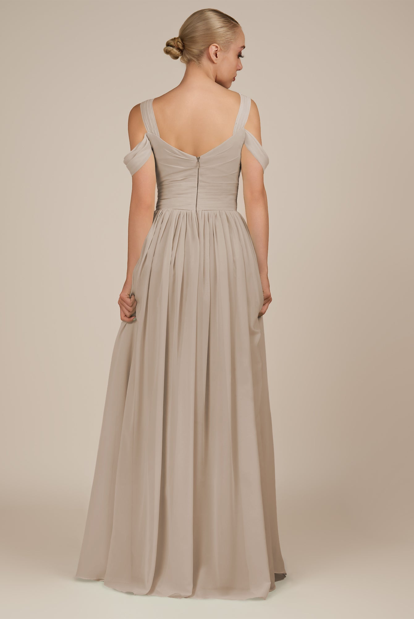 KissDress-Faye Almond A Line Chiffon Off the Shoulder Pleated Long Bridesmaid Dress with Slit