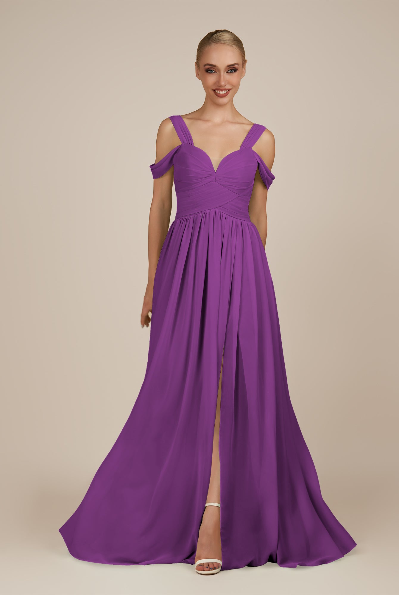 KissDress-Faye Amethyst A Line Chiffon Off the Shoulder Pleated Long Bridesmaid Dress with Slit