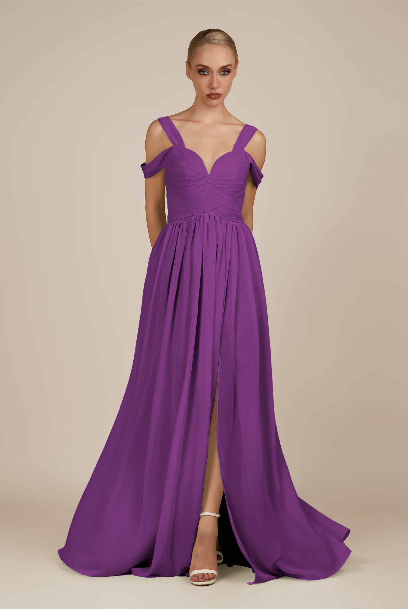 KissDress-Faye Amethyst A Line Chiffon Off the Shoulder Pleated Long Bridesmaid Dress with Slit