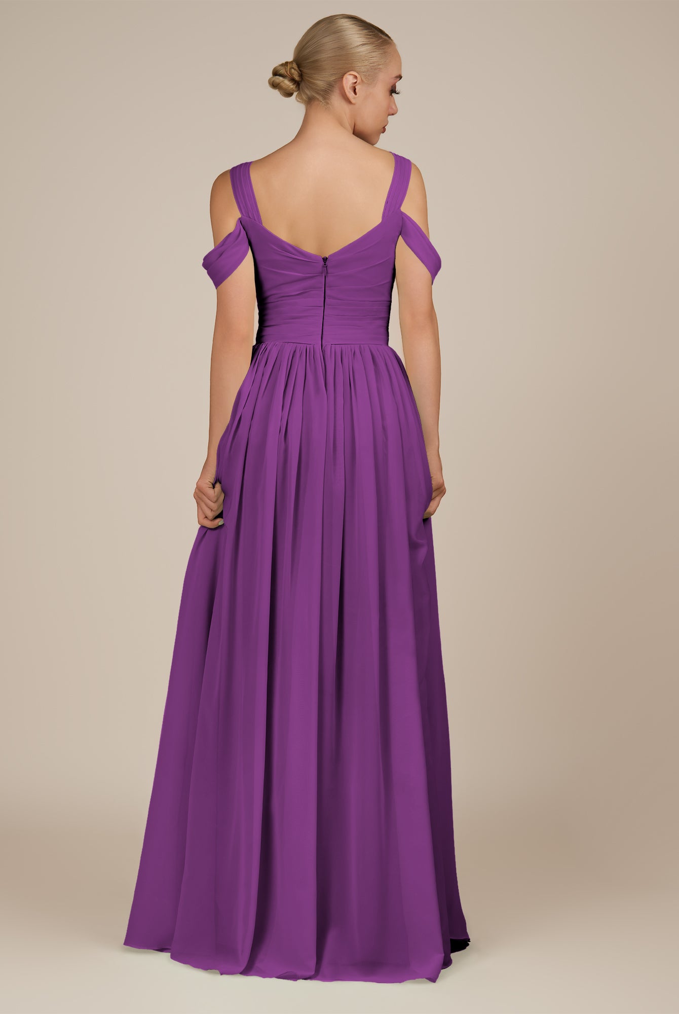 KissDress-Faye Amethyst A Line Chiffon Off the Shoulder Pleated Long Bridesmaid Dress with Slit