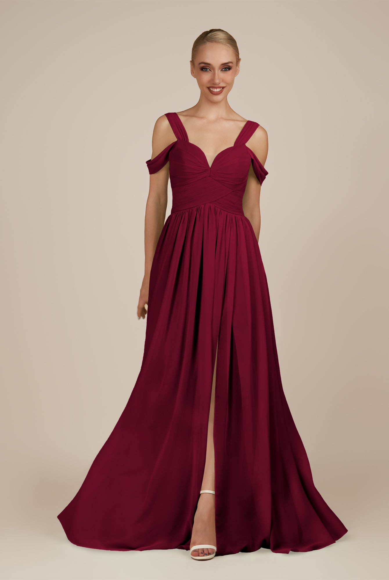 KissDress-Faye Berry A Line Chiffon Off the Shoulder Pleated Long Bridesmaid Dress with Slit