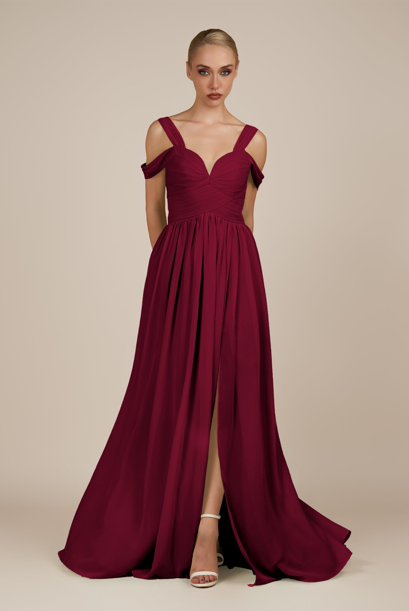 KissDress-Faye Berry A Line Chiffon Off the Shoulder Pleated Long Bridesmaid Dress with Slit
