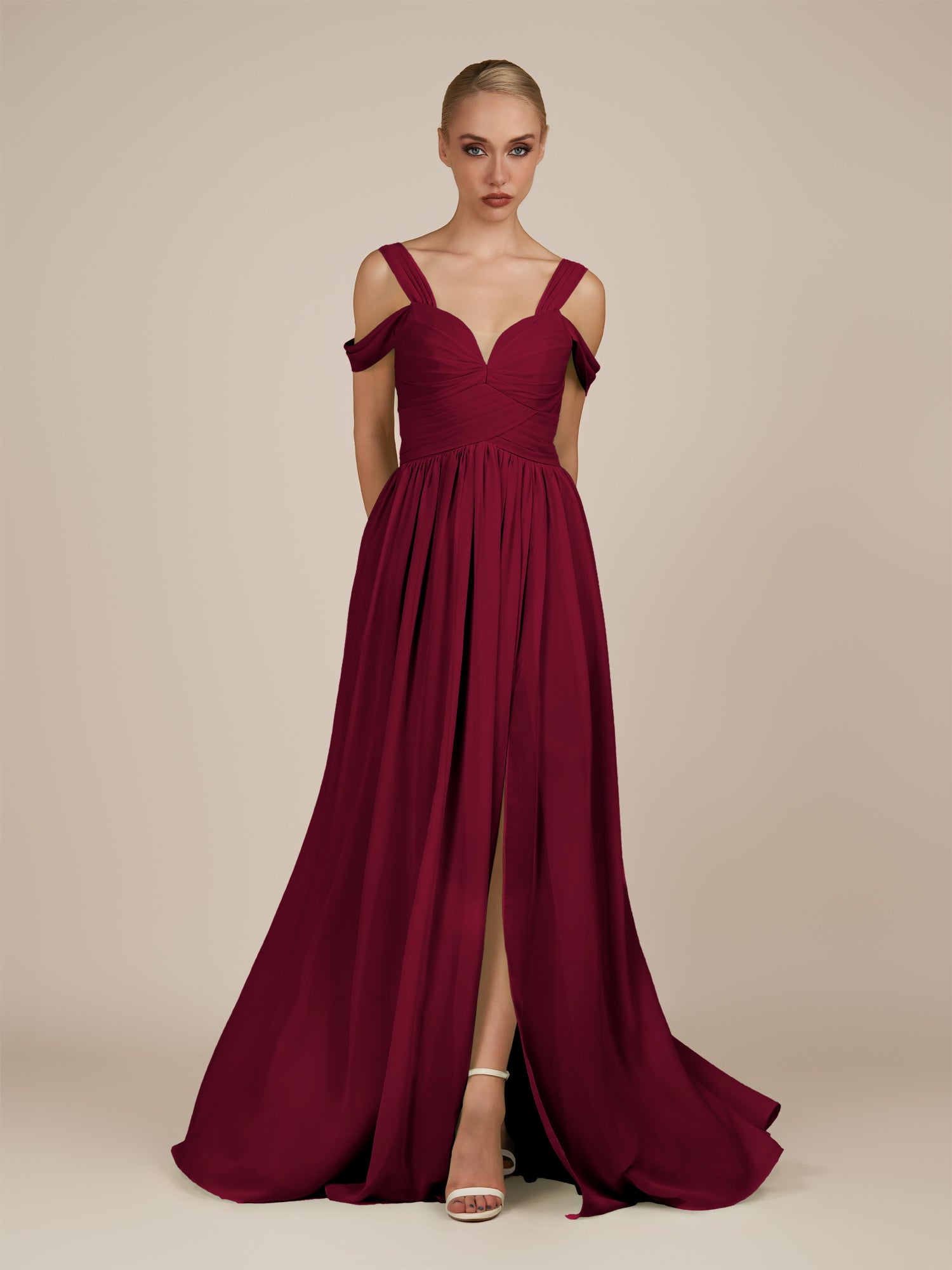 KissDress-Faye Berry A Line Chiffon Off the Shoulder Pleated Long Bridesmaid Dress with Slit