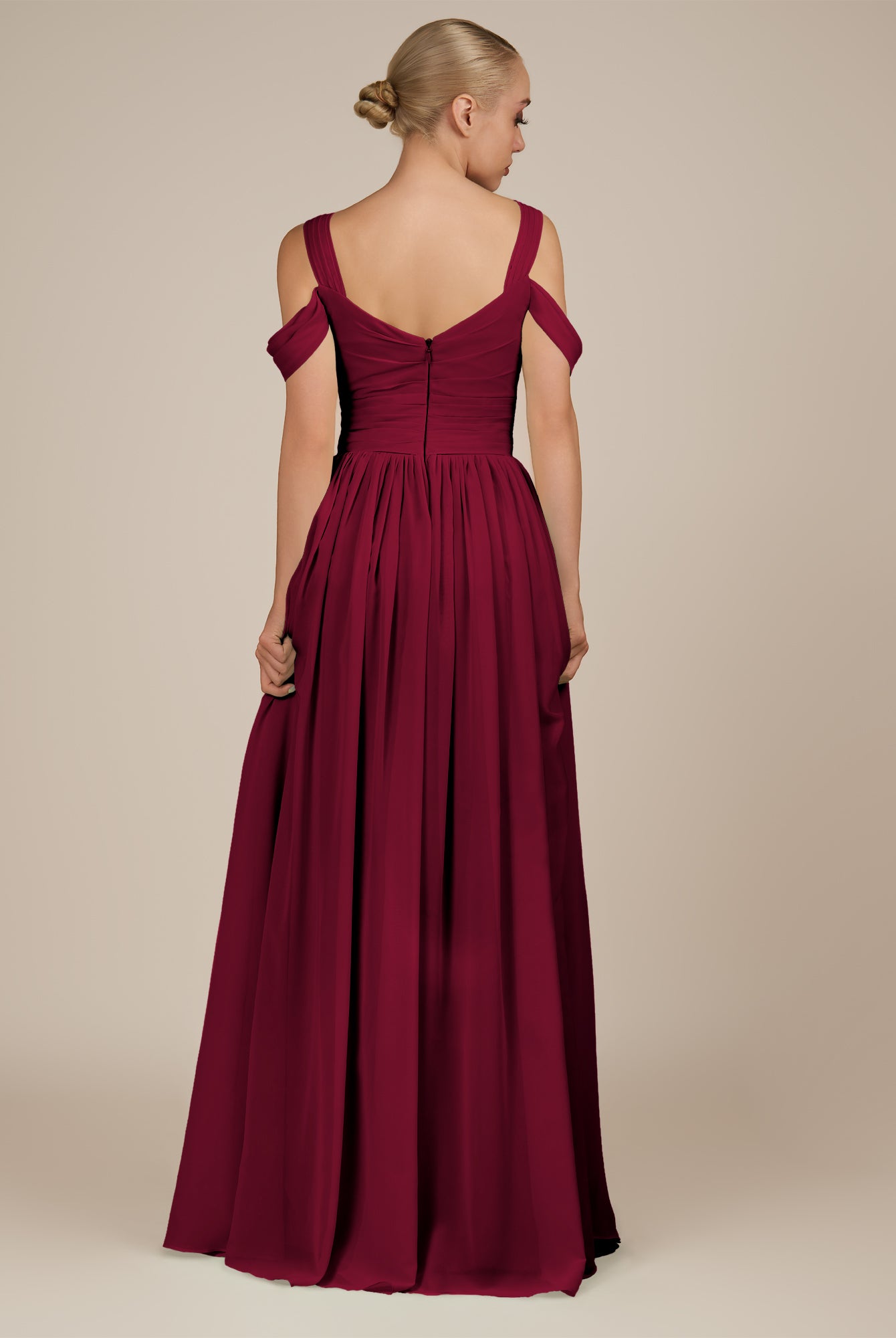 KissDress-Faye Berry A Line Chiffon Off the Shoulder Pleated Long Bridesmaid Dress with Slit