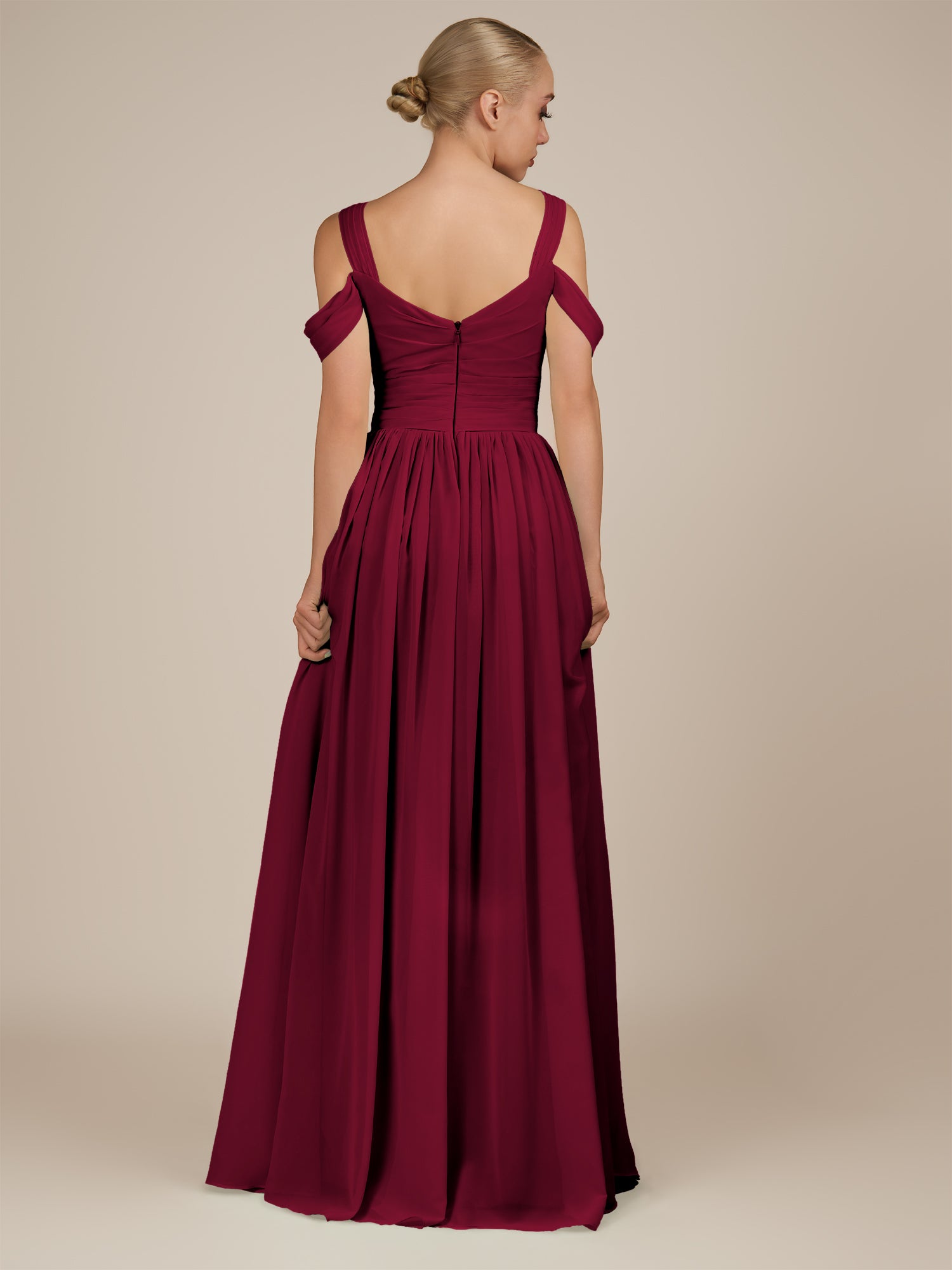 KissDress-Faye Berry A Line Chiffon Off the Shoulder Pleated Long Bridesmaid Dress with Slit