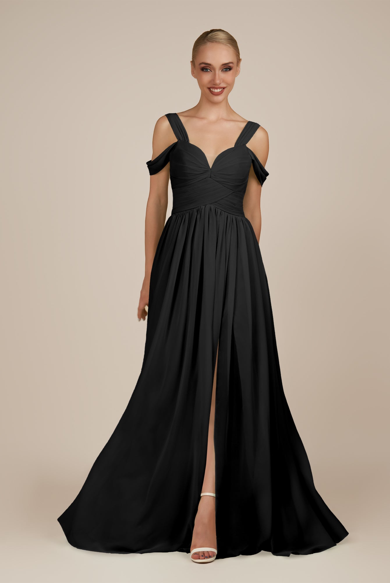 KissDress-Faye Black A Line Chiffon Off the Shoulder Pleated Long Bridesmaid Dress with Slit