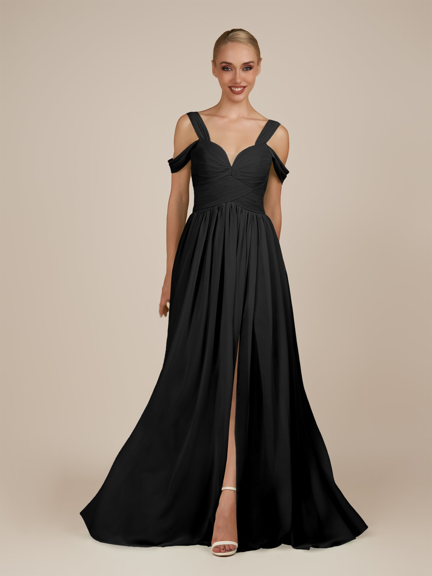 KissDress-Faye Black A Line Chiffon Off the Shoulder Pleated Long Bridesmaid Dress with Slit