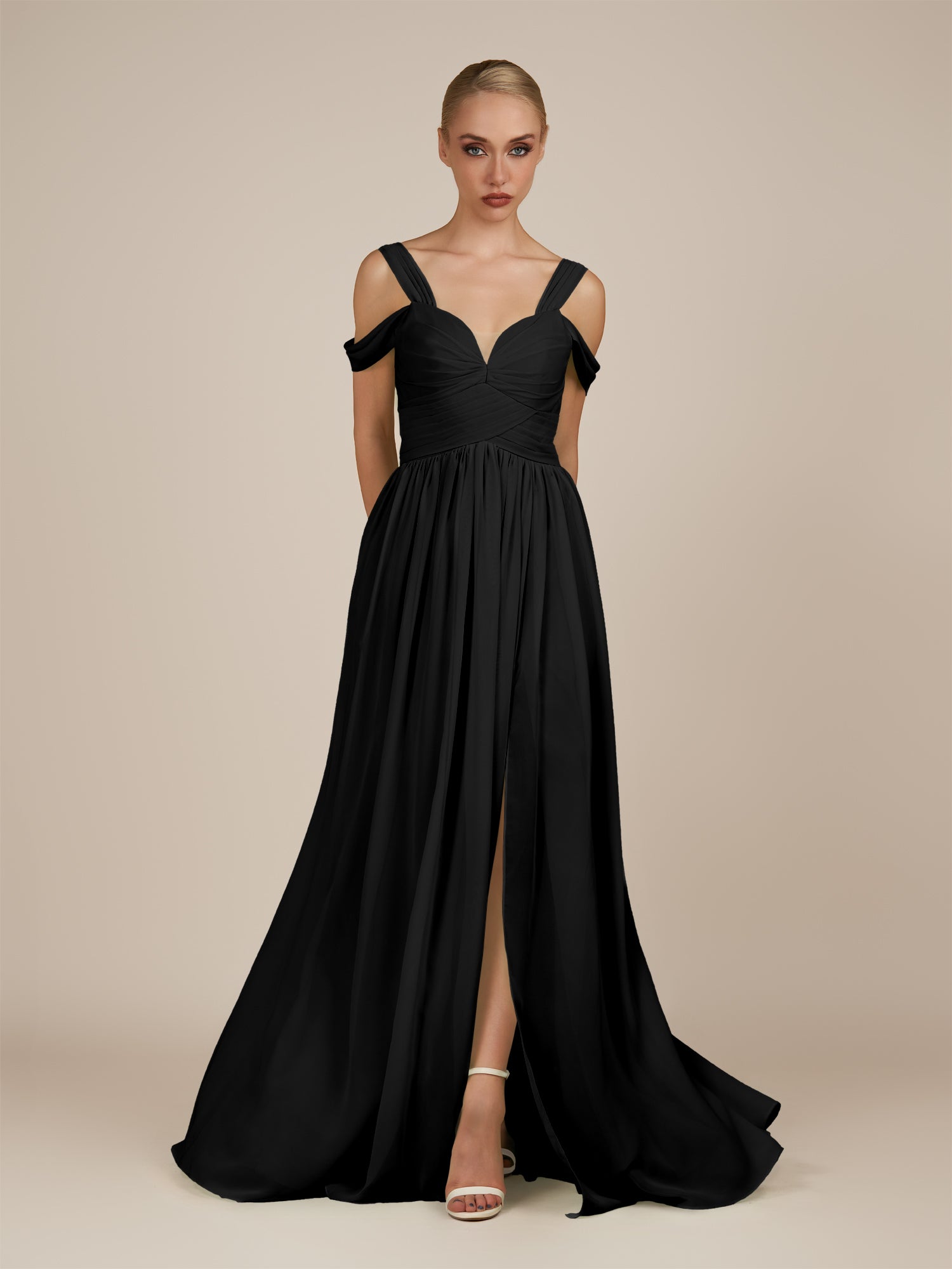 KissDress-Faye Black A Line Chiffon Off the Shoulder Pleated Long Bridesmaid Dress with Slit