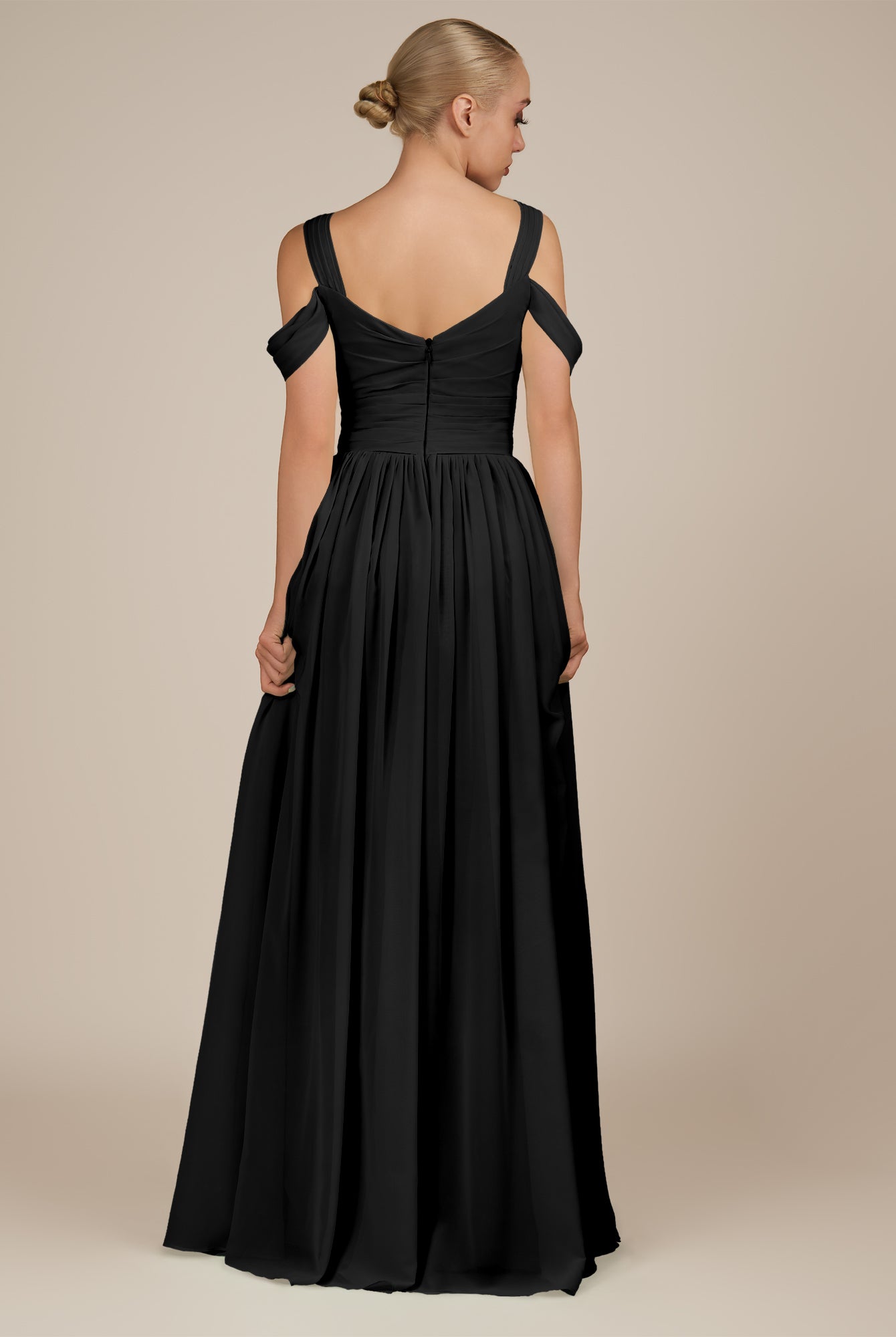 KissDress-Faye Black A Line Chiffon Off the Shoulder Pleated Long Bridesmaid Dress with Slit