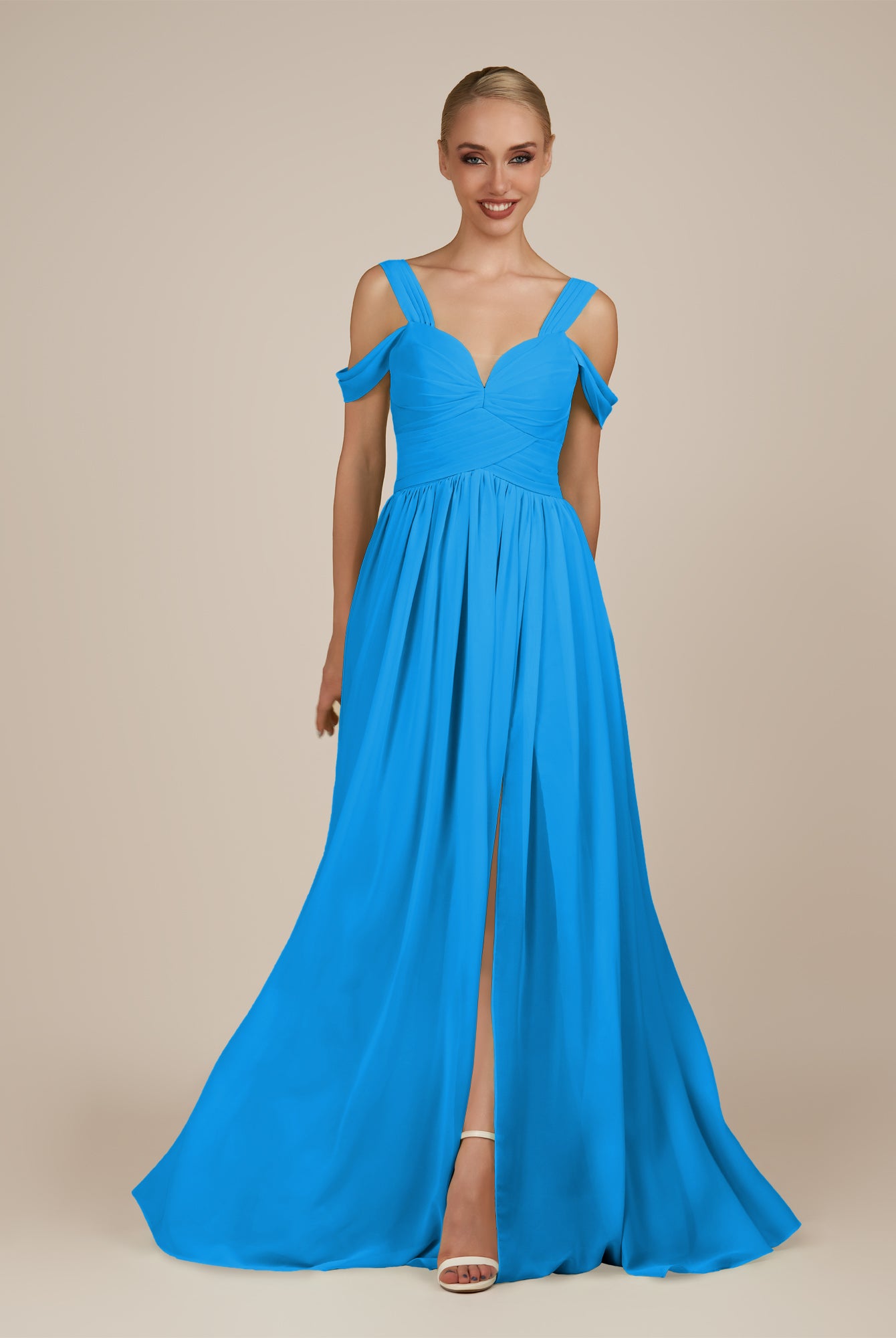 KissDress-Faye Blue Jay A Line Chiffon Off the Shoulder Pleated Long Bridesmaid Dress with Slit