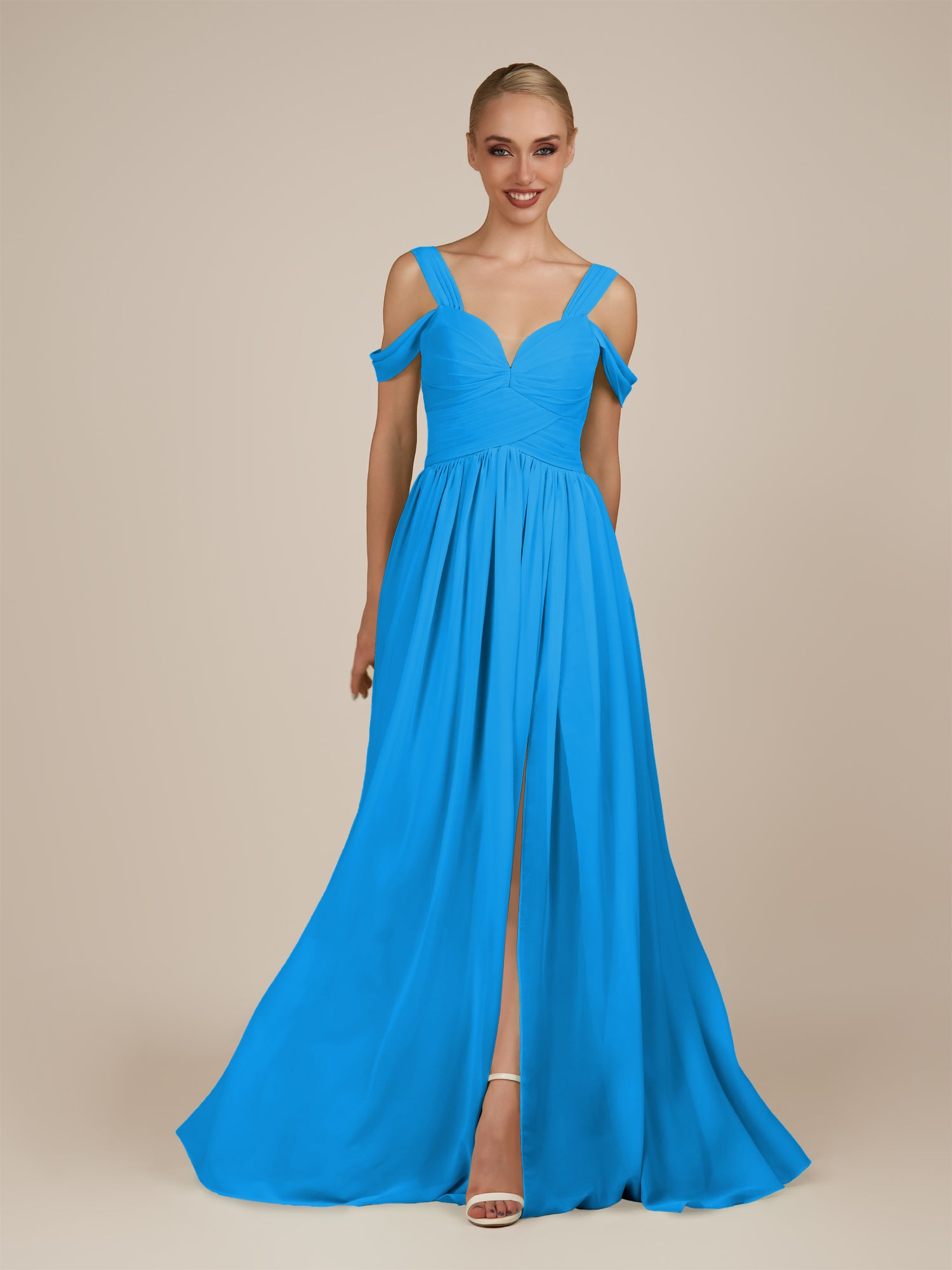 KissDress-Faye Blue Jay A Line Chiffon Off the Shoulder Pleated Long Bridesmaid Dress with Slit