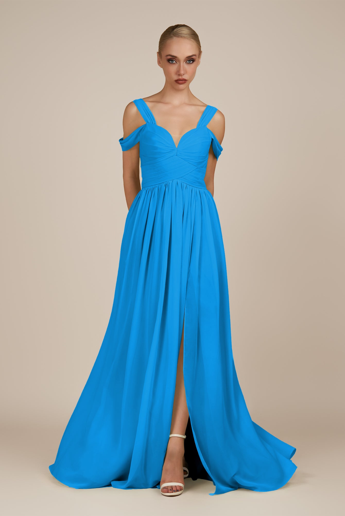 KissDress-Faye Blue Jay A Line Chiffon Off the Shoulder Pleated Long Bridesmaid Dress with Slit