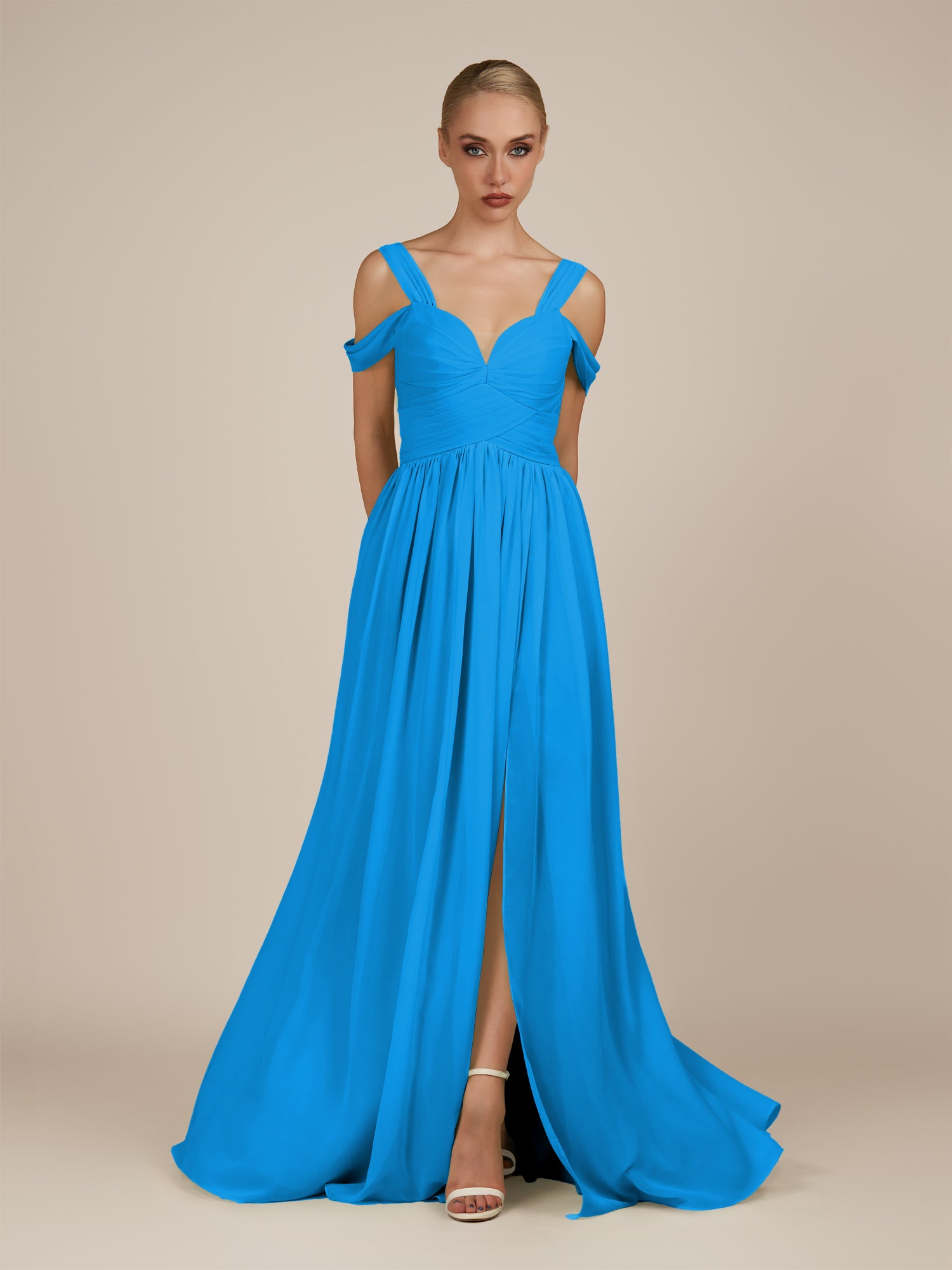KissDress-Faye Blue Jay A Line Chiffon Off the Shoulder Pleated Long Bridesmaid Dress with Slit