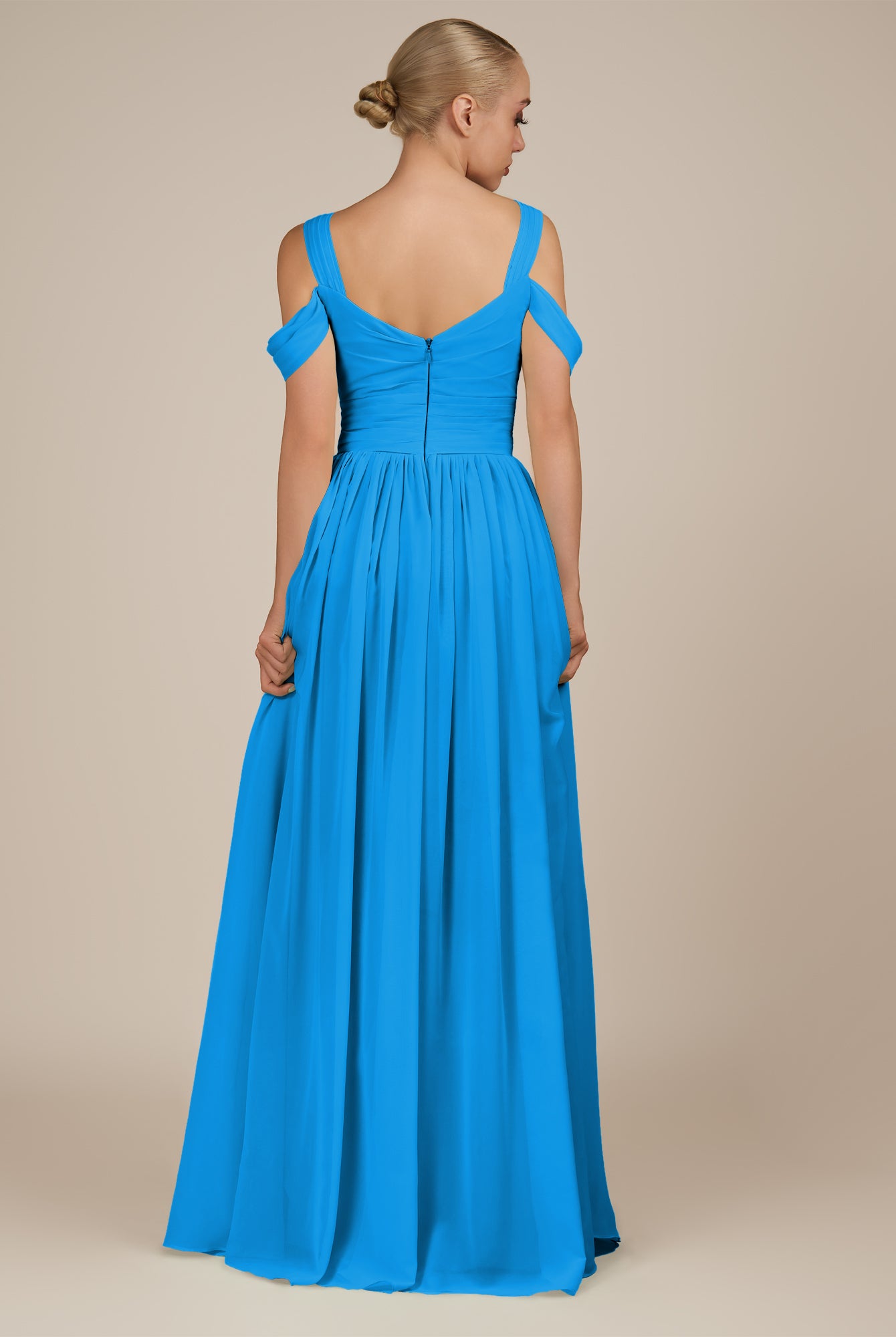 KissDress-Faye Blue Jay A Line Chiffon Off the Shoulder Pleated Long Bridesmaid Dress with Slit