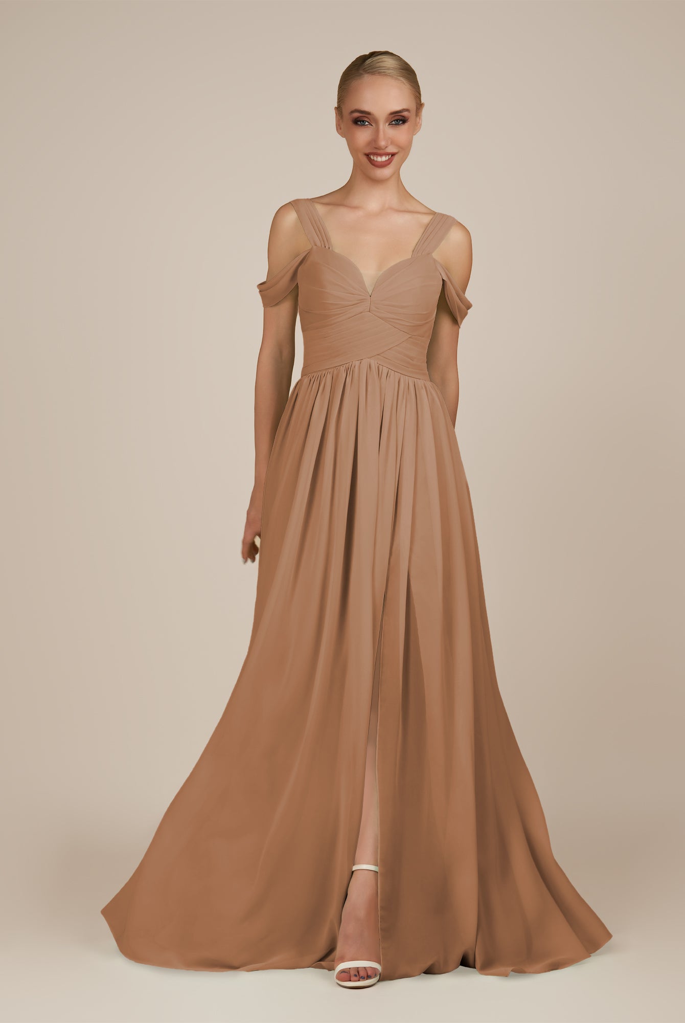 KissDress-Faye Bronzer A Line Chiffon Off the Shoulder Pleated Long Bridesmaid Dress with Slit