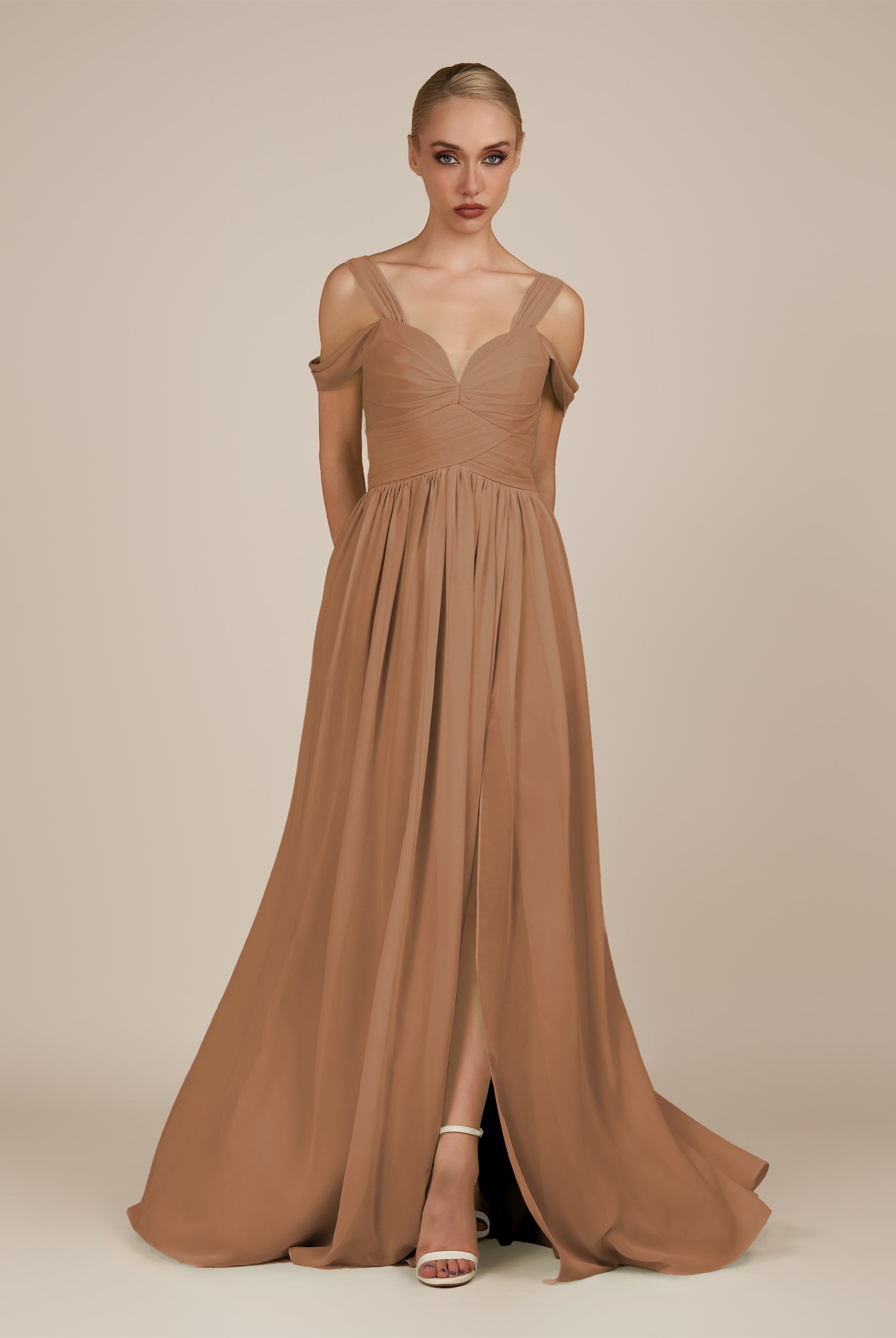 KissDress-Faye Bronzer A Line Chiffon Off the Shoulder Pleated Long Bridesmaid Dress with Slit