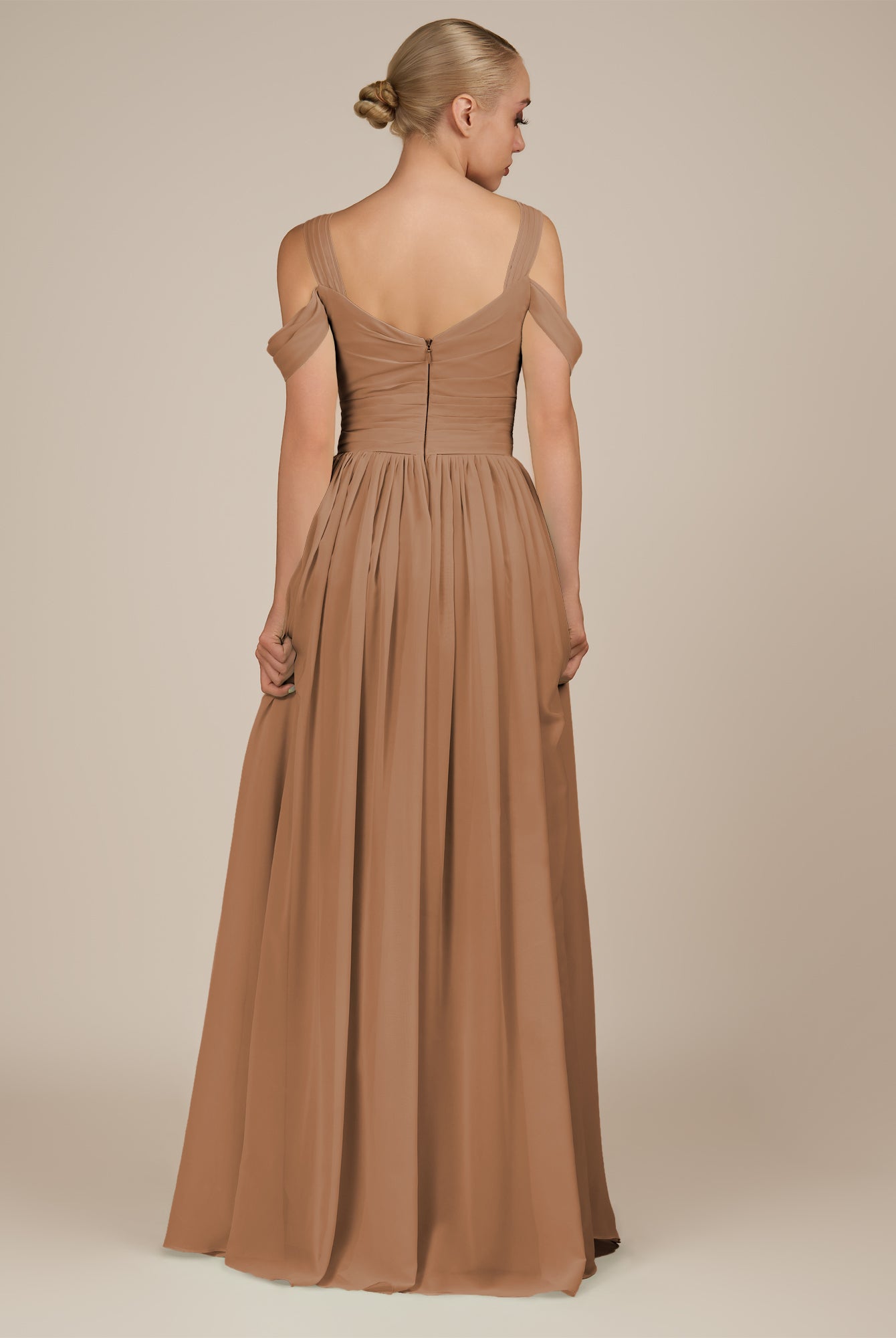 KissDress-Faye Bronzer A Line Chiffon Off the Shoulder Pleated Long Bridesmaid Dress with Slit
