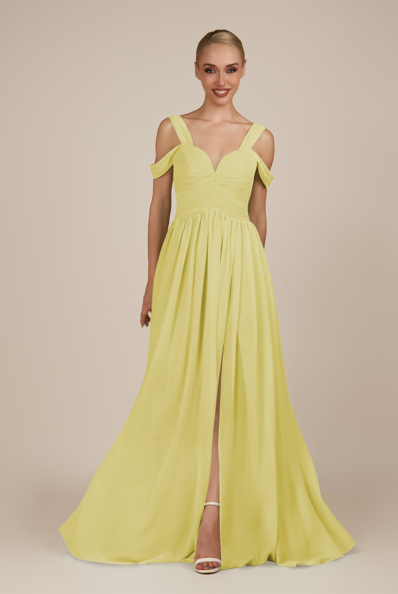 KissDress-Faye Buttercup A Line Chiffon Off the Shoulder Pleated Long Bridesmaid Dress with Slit