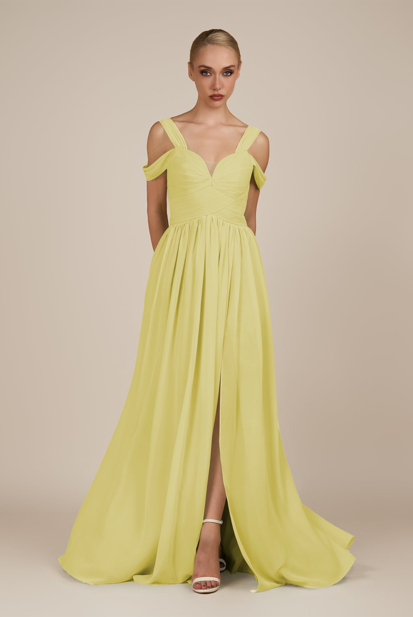 KissDress-Faye Buttercup A Line Chiffon Off the Shoulder Pleated Long Bridesmaid Dress with Slit