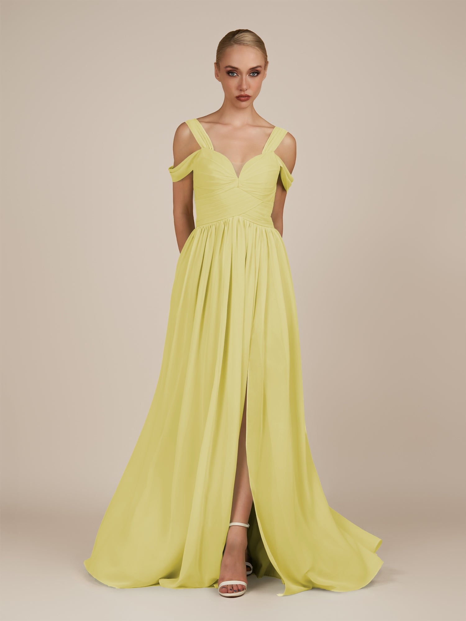 KissDress-Faye Buttercup A Line Chiffon Off the Shoulder Pleated Long Bridesmaid Dress with Slit