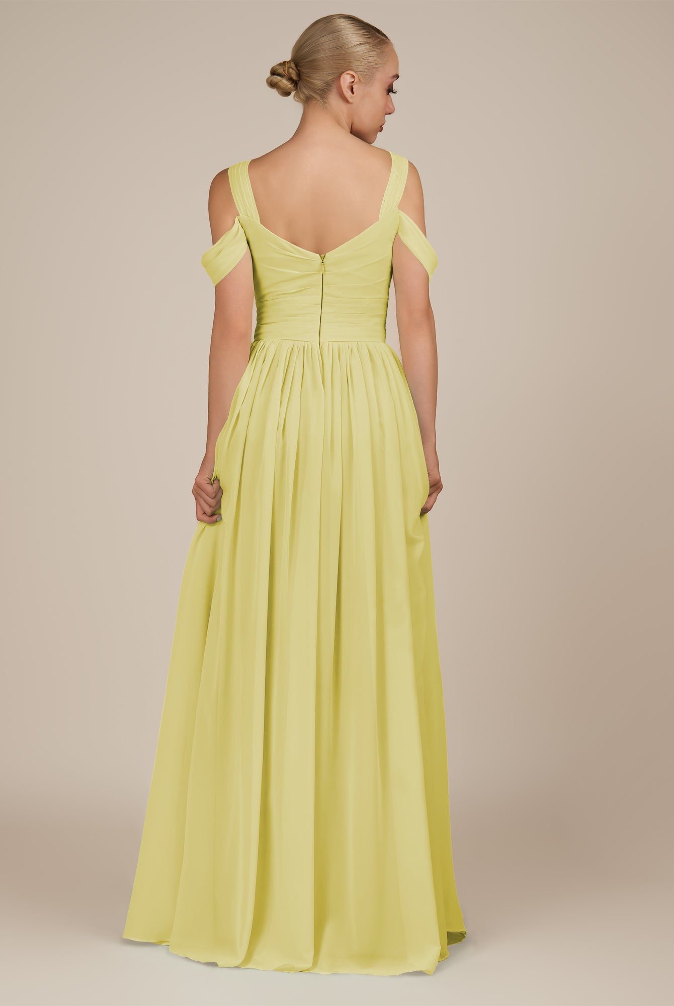 KissDress-Faye Buttercup A Line Chiffon Off the Shoulder Pleated Long Bridesmaid Dress with Slit