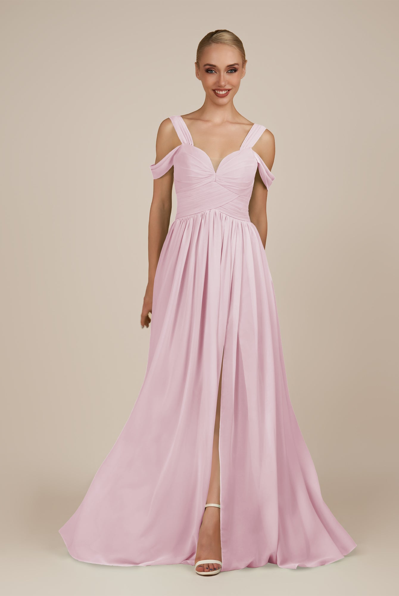 KissDress-Faye Candy Pink A Line Chiffon Off the Shoulder Pleated Long Bridesmaid Dress with Slit