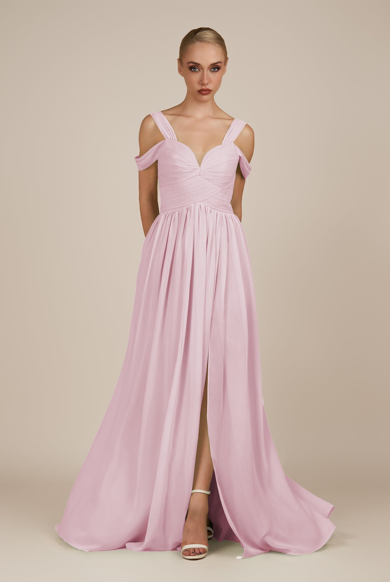 KissDress-Faye Candy Pink A Line Chiffon Off the Shoulder Pleated Long Bridesmaid Dress with Slit
