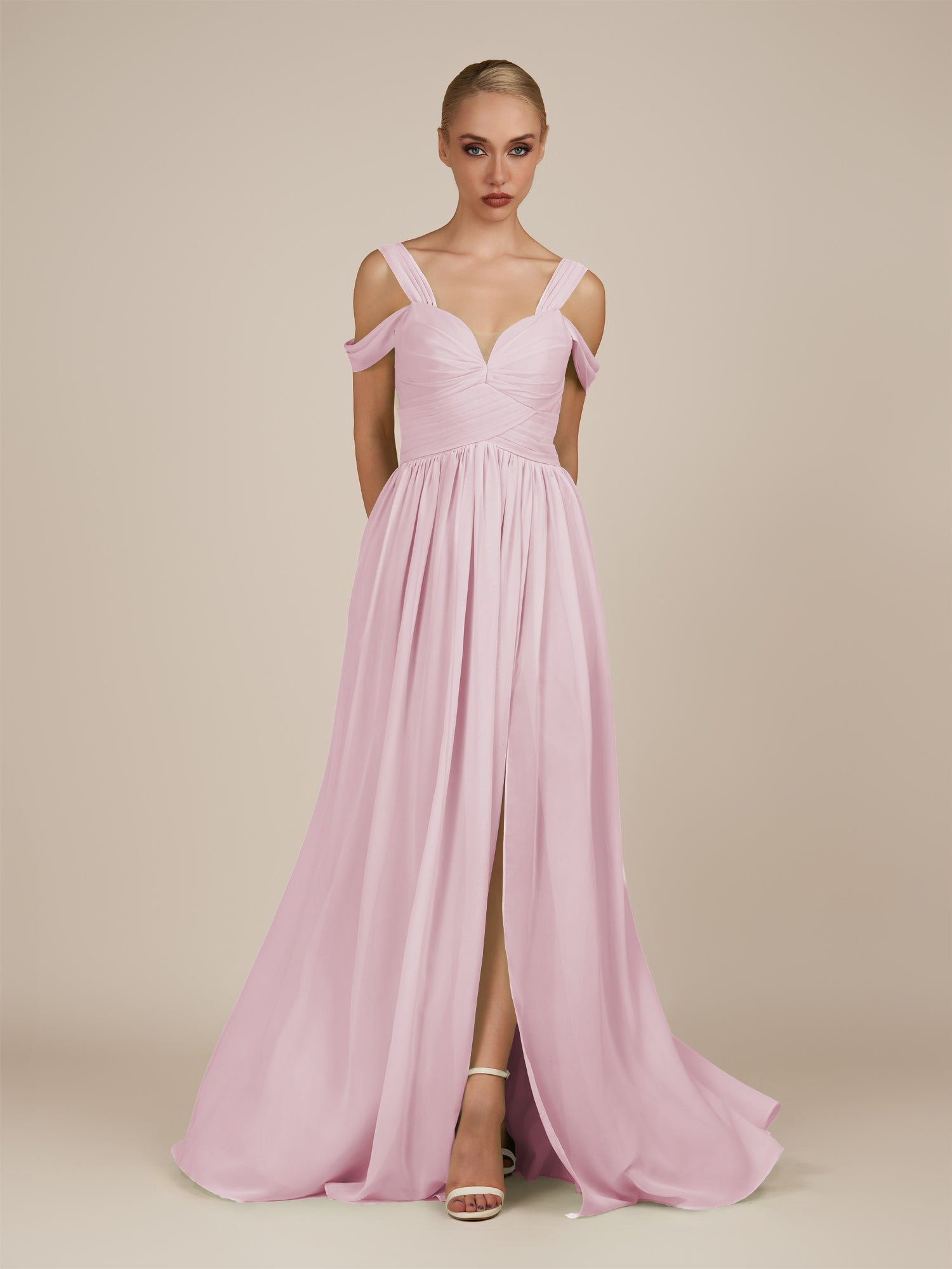 KissDress-Faye Candy Pink A Line Chiffon Off the Shoulder Pleated Long Bridesmaid Dress with Slit