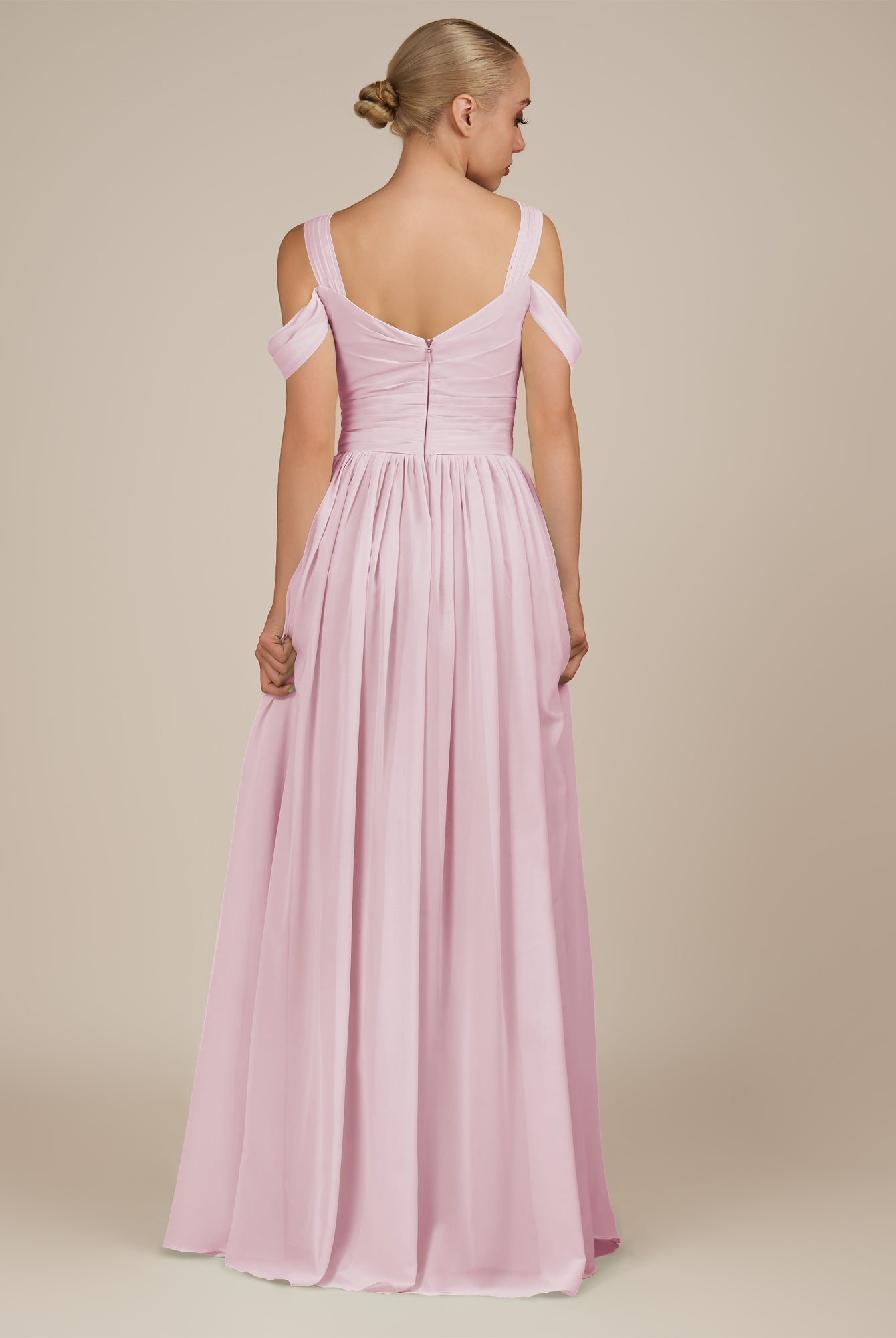 KissDress-Faye Candy Pink A Line Chiffon Off the Shoulder Pleated Long Bridesmaid Dress with Slit