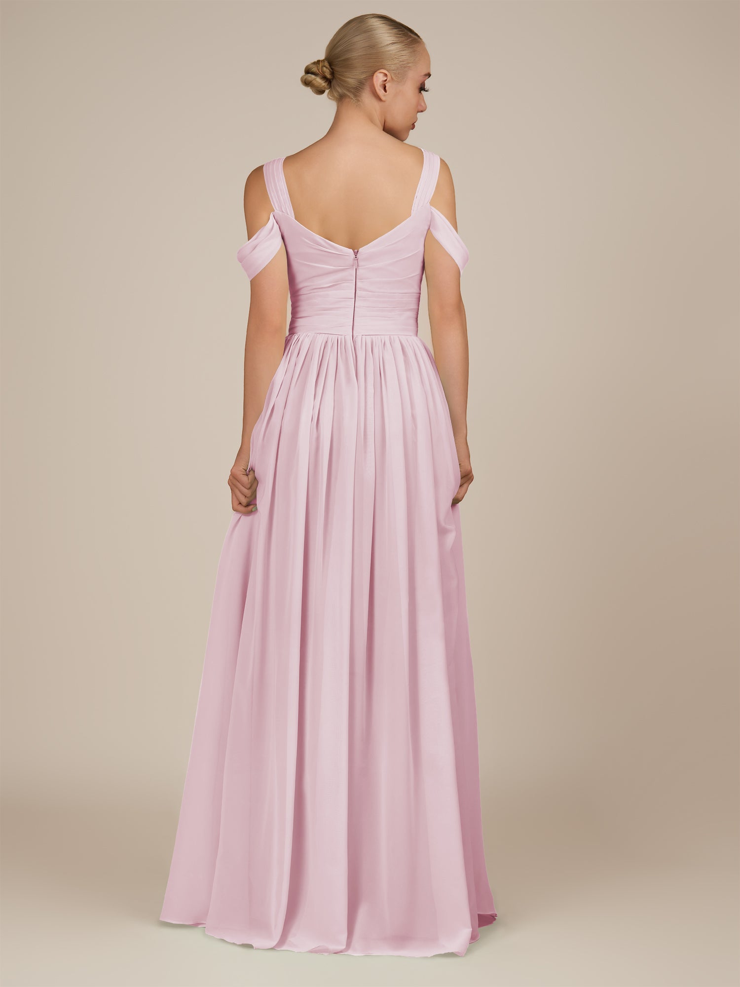 KissDress-Faye Candy Pink A Line Chiffon Off the Shoulder Pleated Long Bridesmaid Dress with Slit