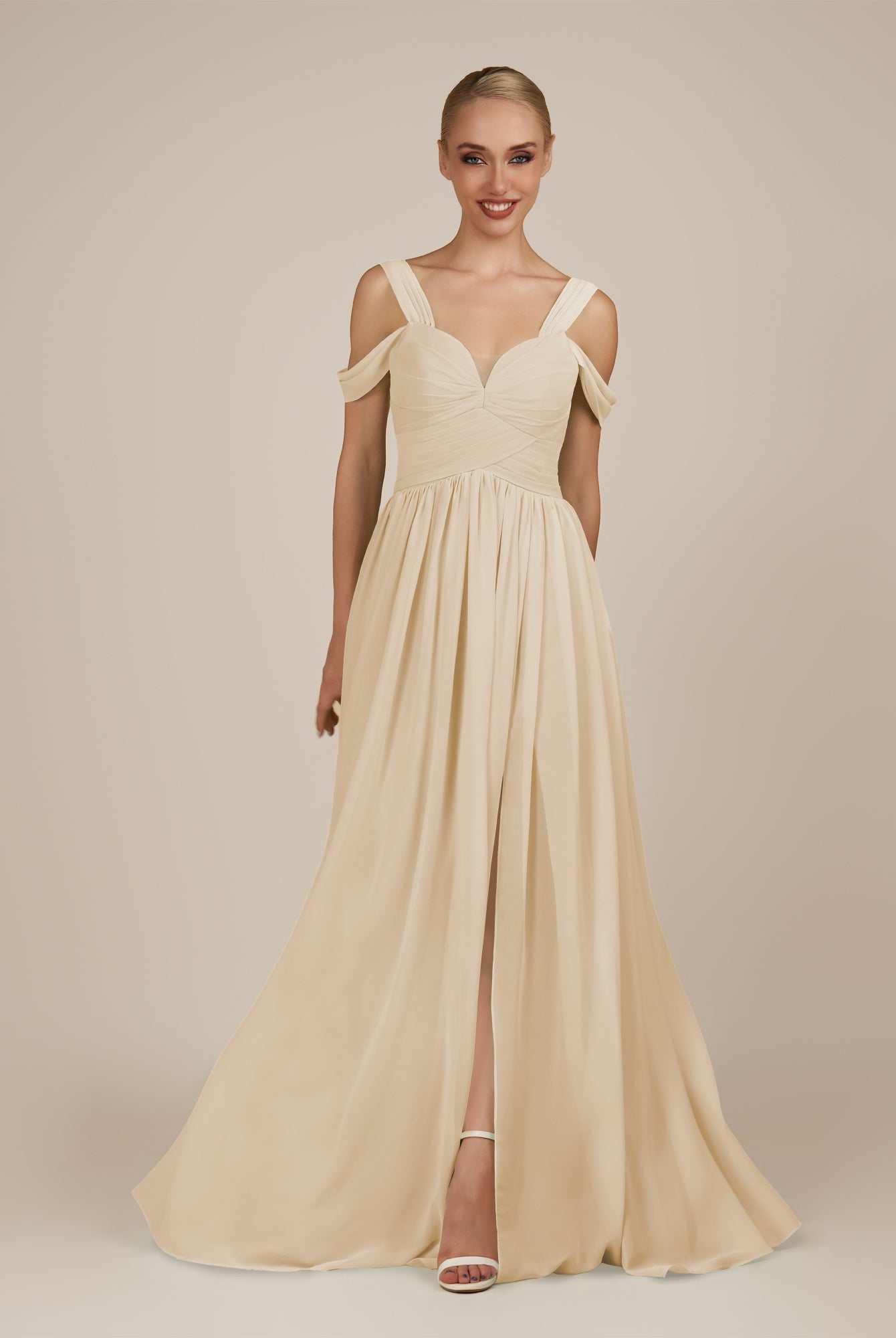 KissDress-Faye Champagne A Line Chiffon Off the Shoulder Pleated Long Bridesmaid Dress with Slit