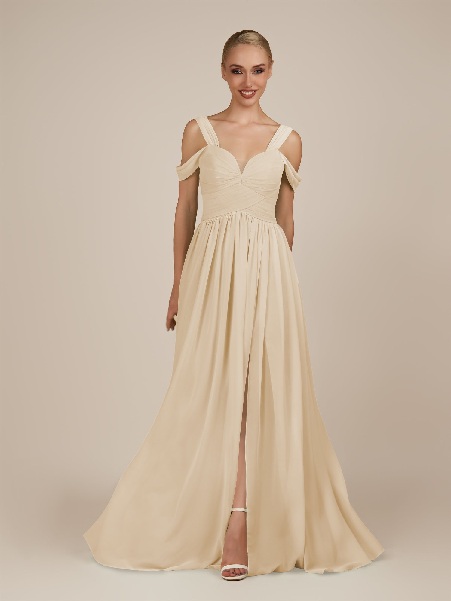 KissDress-Faye Champagne A Line Chiffon Off the Shoulder Pleated Long Bridesmaid Dress with Slit