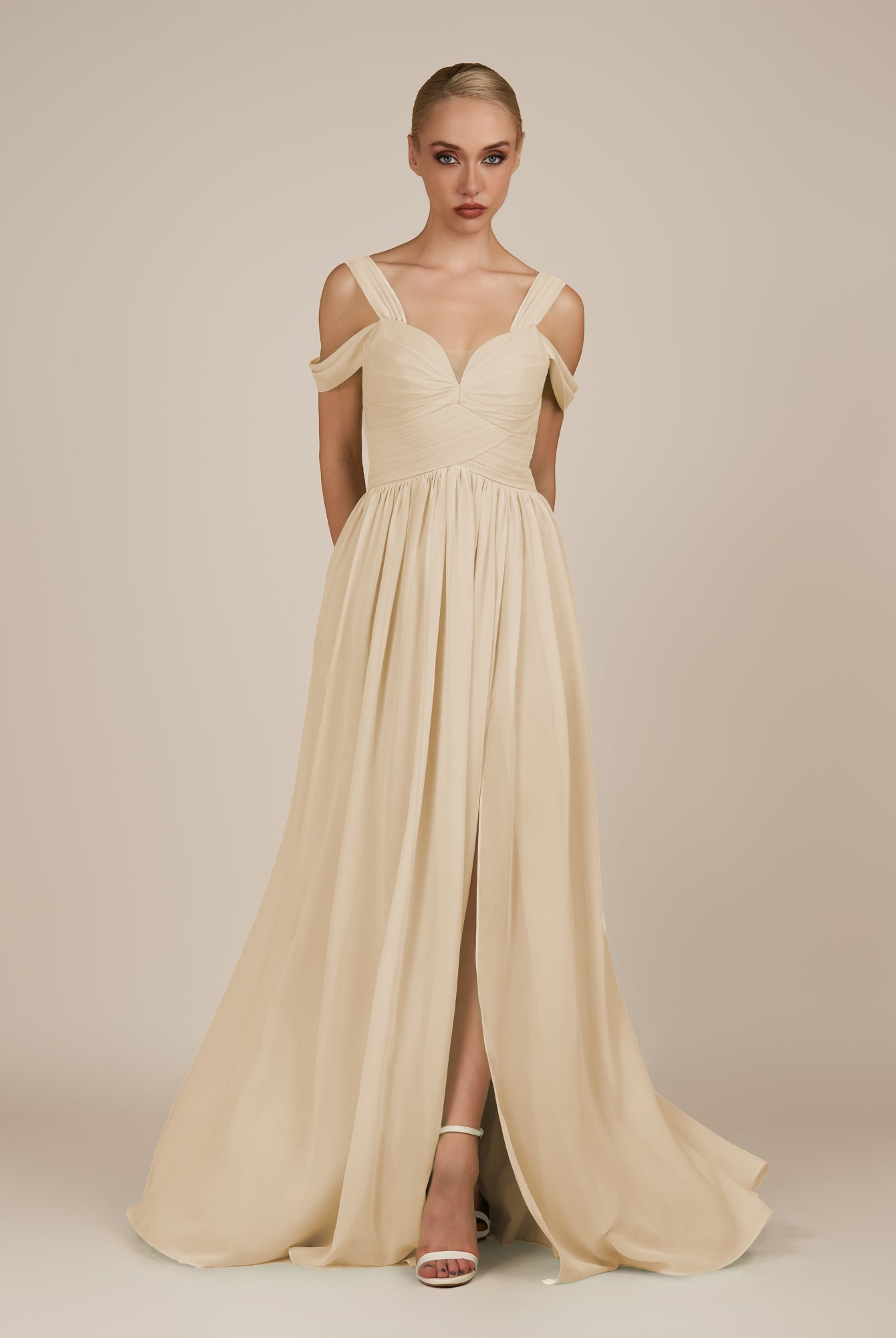 KissDress-Faye Champagne A Line Chiffon Off the Shoulder Pleated Long Bridesmaid Dress with Slit